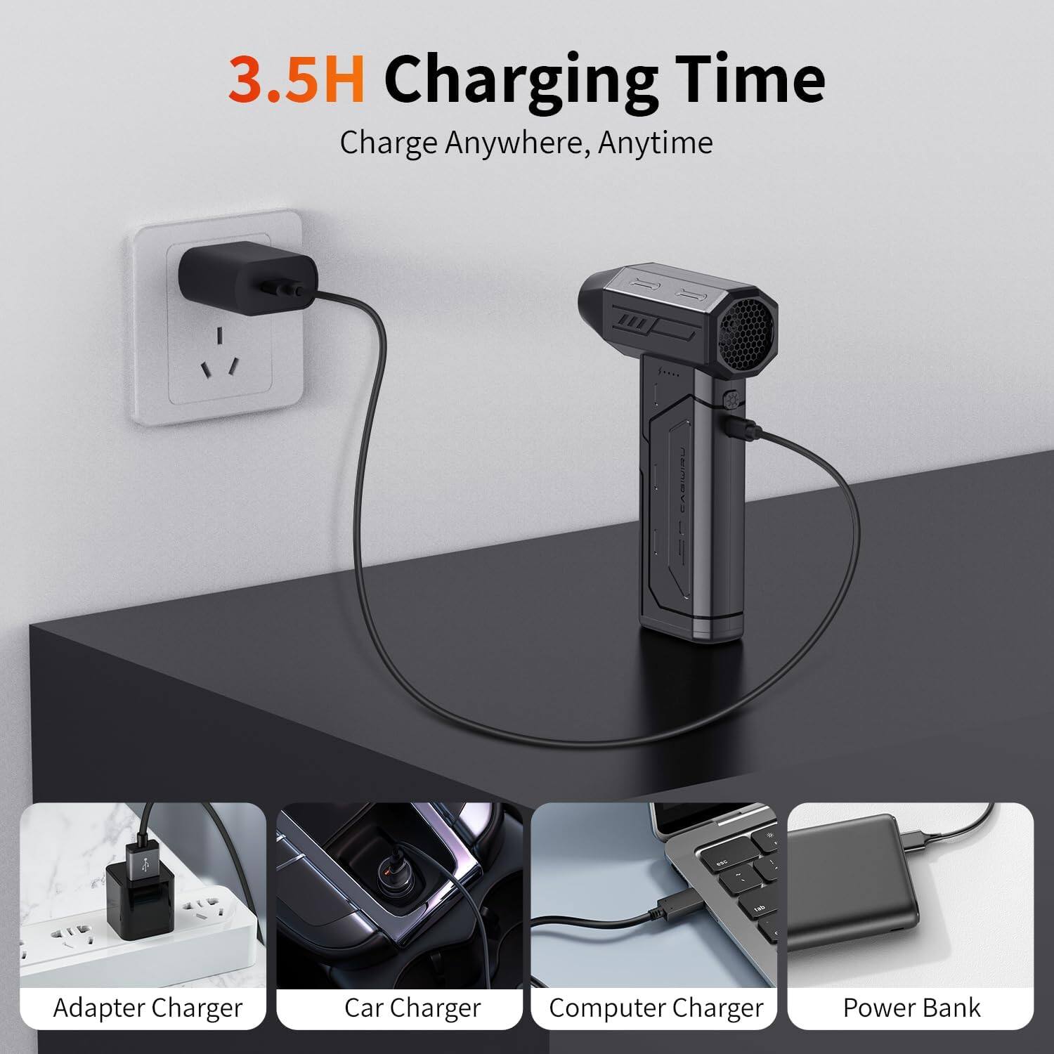 3.5H Charging Time  
Charge Anywhere, Anytime

150

Adapter Charger  
Car Charger  
Computer Charger  
Power Bank