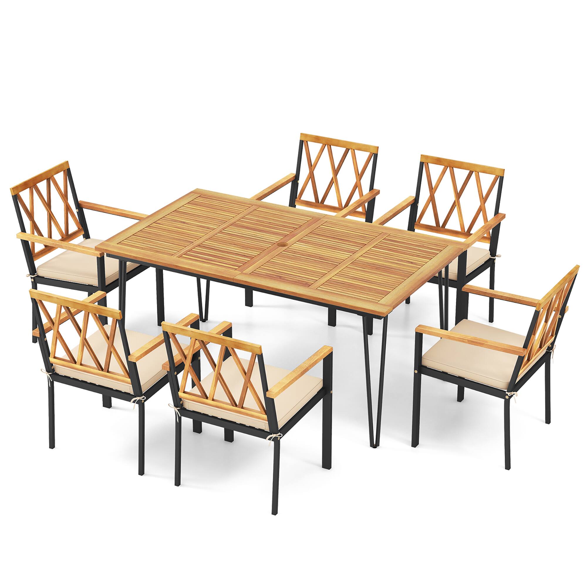 Alt View 7. Gymax - Gymax 7 PCS Patio Dining Set w/ 2'' Umbrella Hole and Seat Cushions for Garden - Natural, Black.