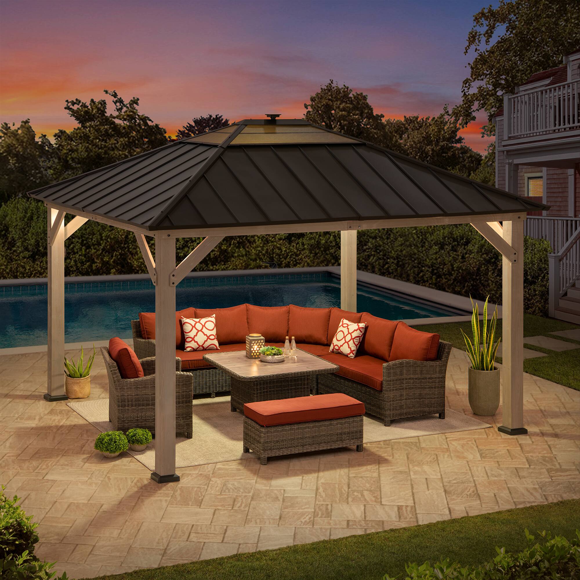Alt View 5. SUNJOY - Sunjoy 11 ft. x 13 ft. Cedar Framed Gazebo with Steel and Polycarbonate Hip Roof with Solar Powered LED lights - Black - Black.