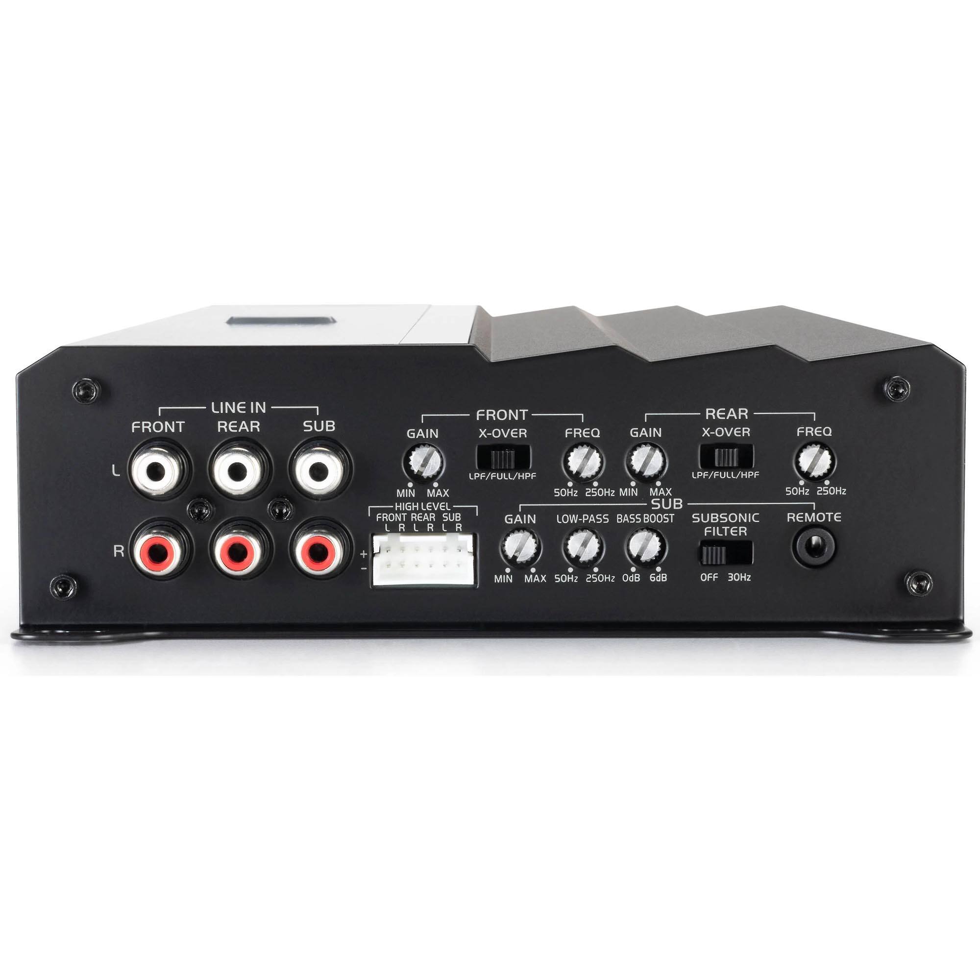 LINE IN FRONT REAR SUB  
GAIN FRONT X-OVER FREQ GAIN REAR X-OVER FREQ  
L R PF/FULL/HPF LPP/FULL/MPF MIN MAX SOHz  
SHOES MIN MAX SOHz SOHz  
HIGH LEVEL SUB FRONT REAR SUB GAIN  
LOW-PASS BASSBOOST SUBSONIC REMOTE  
I R L A L A FILTER + MIN . MAX S0Hz 250mz  
adi adi OFF JOHZ