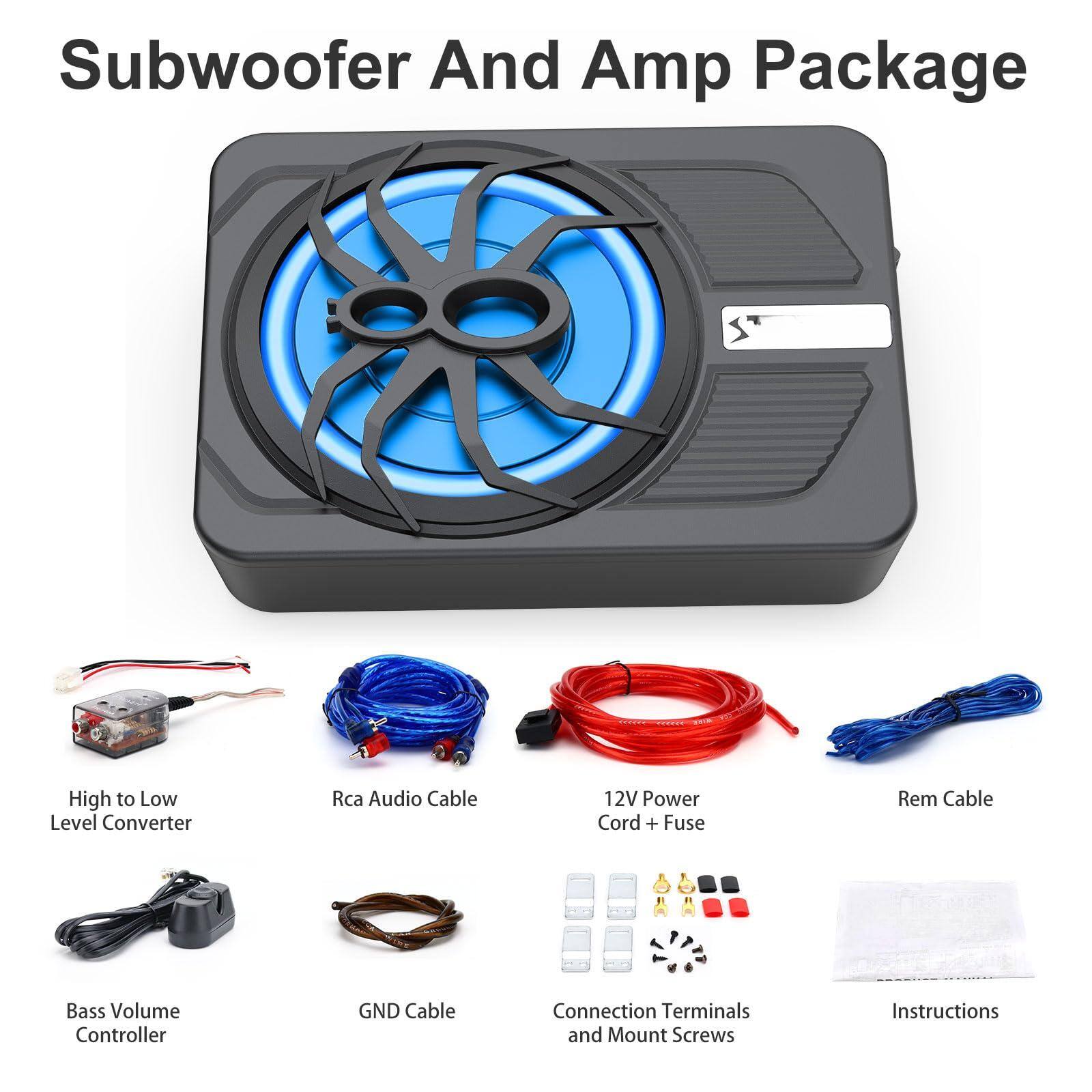 Subwoofer And Amp Package

- High to Low Level Converter
- Rca Audio Cable
- 12V Power Cord + Fuse
- Rem Cable
- Bass Volume Controller
- GND Cable
- Connection Terminals and Mount Screws
- Instructions