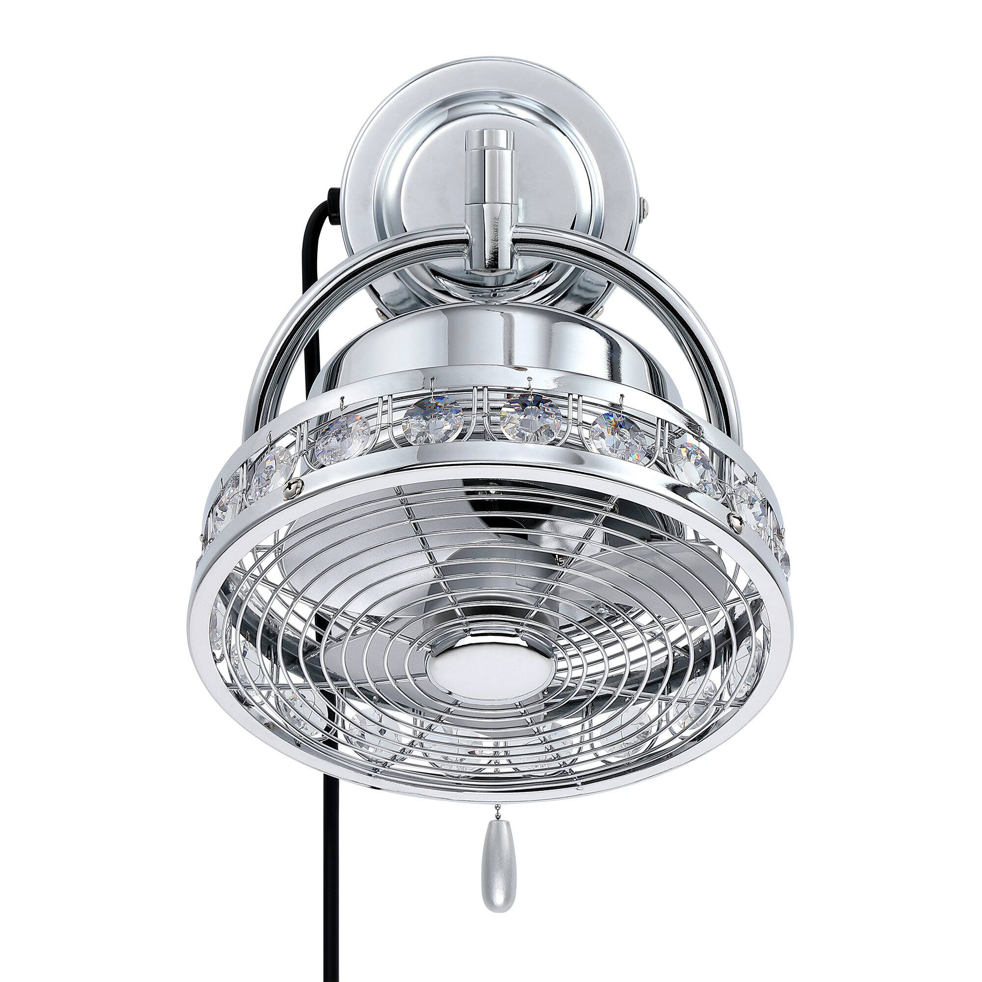 Alt View 2. Parrot Uncle - 10" Modern Chrome 3-Blade Crystal Wall Mount Fan with Pull Chain - Chrome.