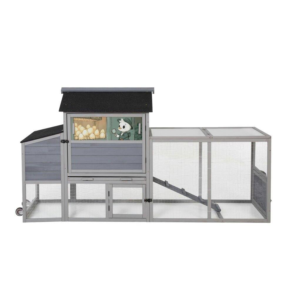 Front. Resenkos - Resenkos Mobile Chicken Coop with Nesting, Sleep Area, Run, Window, Sun Deck, Doors, Gray With Colorful Patterns.