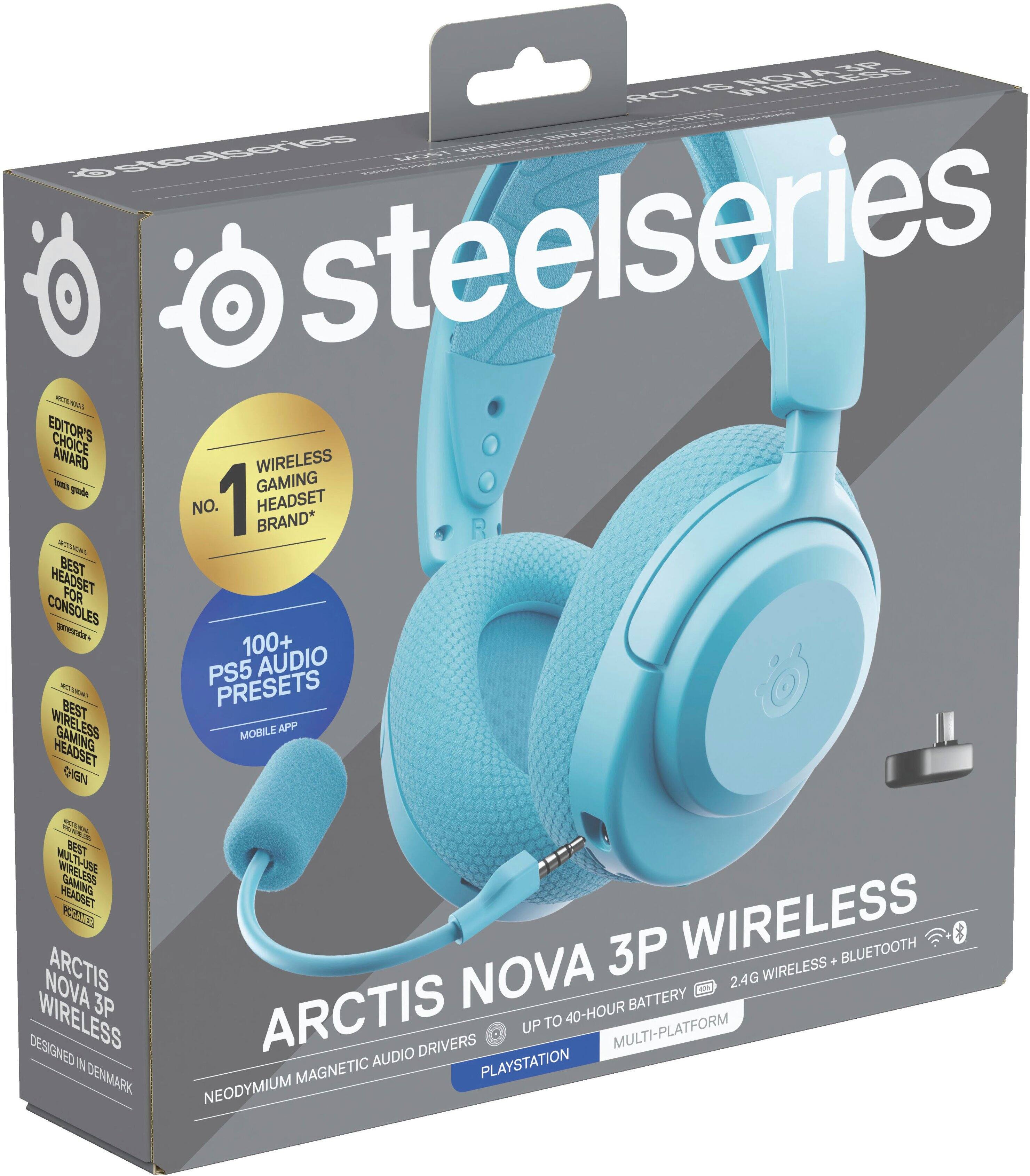 The image features a blue headset from the Steelseries brand, which is known for its high-quality gaming accessories. The headset is designed for wireless connectivity and is compatible with various gaming platforms, including the PlayStation 5. The headset comes with a magnetic neodymium driver, providing clear and immersive audio. Additionally, the headset is equipped with a 2.4G wireless connection and Bluetooth, offering a seamless and convenient gaming experience. The headset is available in a box, which includes a USB-C cable for charging and connecting to a computer.