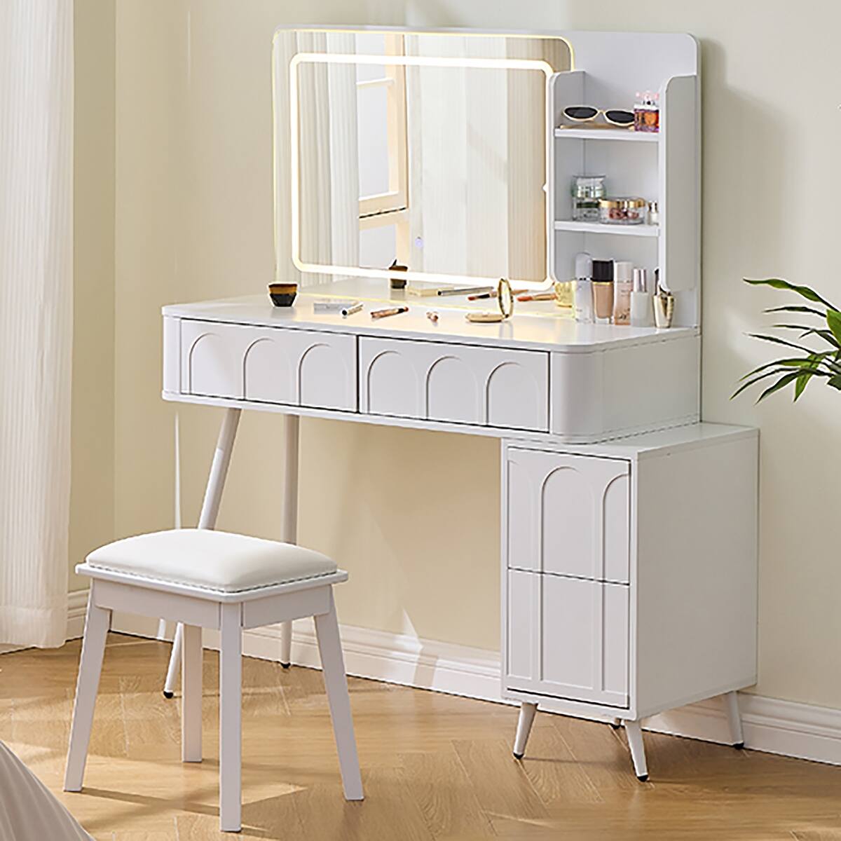 Alt View 3. Loheer - Loheer Makeup Vanity Desk with LED Mirror, White Vanity Table with Stool, Adjustable Length Design - White.