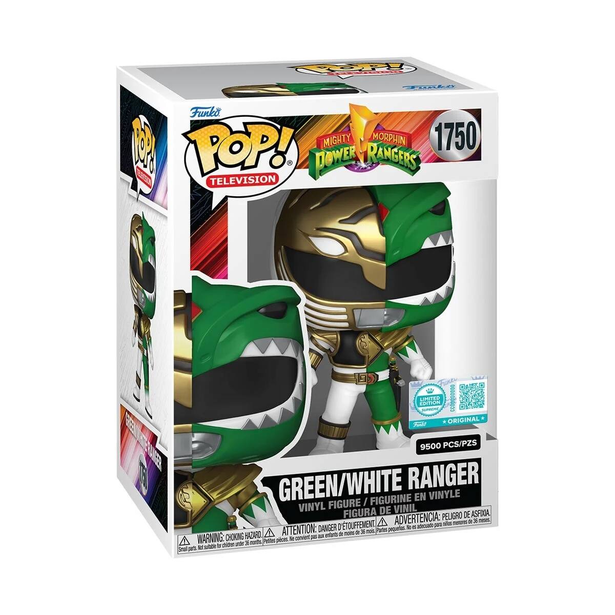 Sure, here is the corrected and grouped text from the image:

---

**Front:**
- Funko POP! TELEVISION
- MIGHTY MORPHIN POWER RANGERS
- 1750
- GREEN/WHITE RANGER
- VINYL FIGURE / FIGURINE EN VINYLE / FIGURA DE VINIL
- LIMITED EDITION
- 9500 PCS/PZS
- WARNING: CHOKING HAZARD - Small parts. Not for children under 3 years. / ADVERTENCIA: PEQUEÑOS PIEZAS. NO ES ADECUADO PARA MENORES DE 3 AÑOS. / ATTENTION: PELIGRE DE ASPIRATION. NE PAS CONSEILLER POUR LES MOINS DE 3 ANS.

**Side:**
- CIRA
- COP
- MIGHTY MORPHIN POWER RANGERS
- LIMITED EDITION
- 9500 PCS/PZS
- WARNING: CHOKING HAZARD - Small parts. Not for children under 3 years. / ADVERTENCIA: PEQUEÑOS PIEZAS. NO ES ADECUADO PARA MENORES DE 3