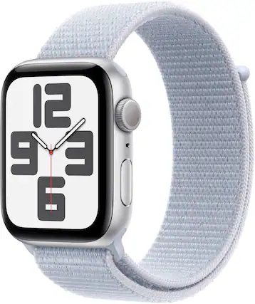 Angle. Apple - Apple Watch SE 2nd Generation (GPS) 44mm Aluminum Case with Blue Cloud Sport Loop - Silver.