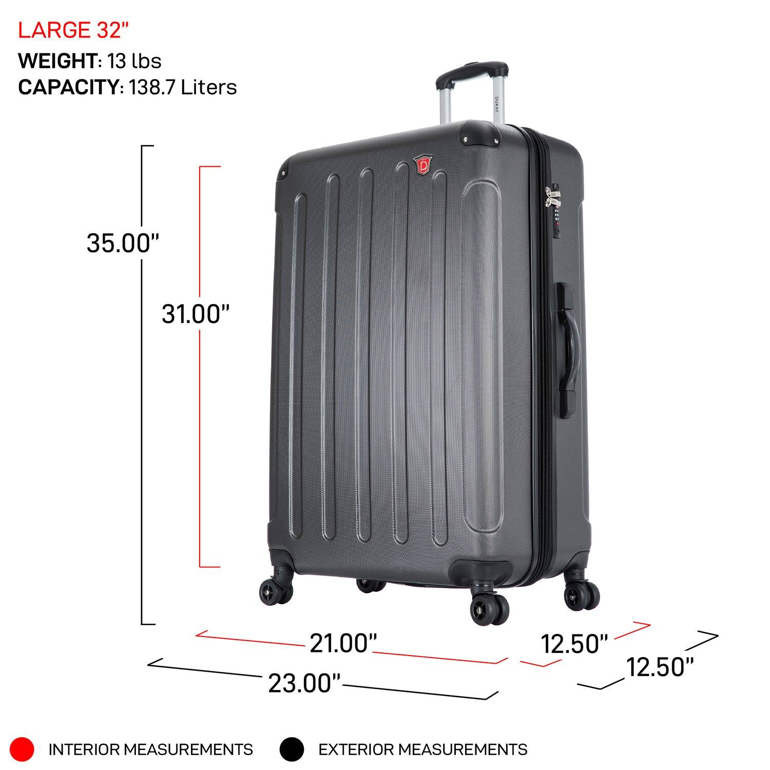 LARGE 32"  
WEIGHT: 13 lbs  
CAPACITY: 138.7 Liters  

INTERIOR MEASUREMENTS:  
- 35.00"  
- 31.00"  
- 21.00"  
- 23.00"  

EXTERIOR MEASUREMENTS:  
- 12.50"  
- 12.50"
