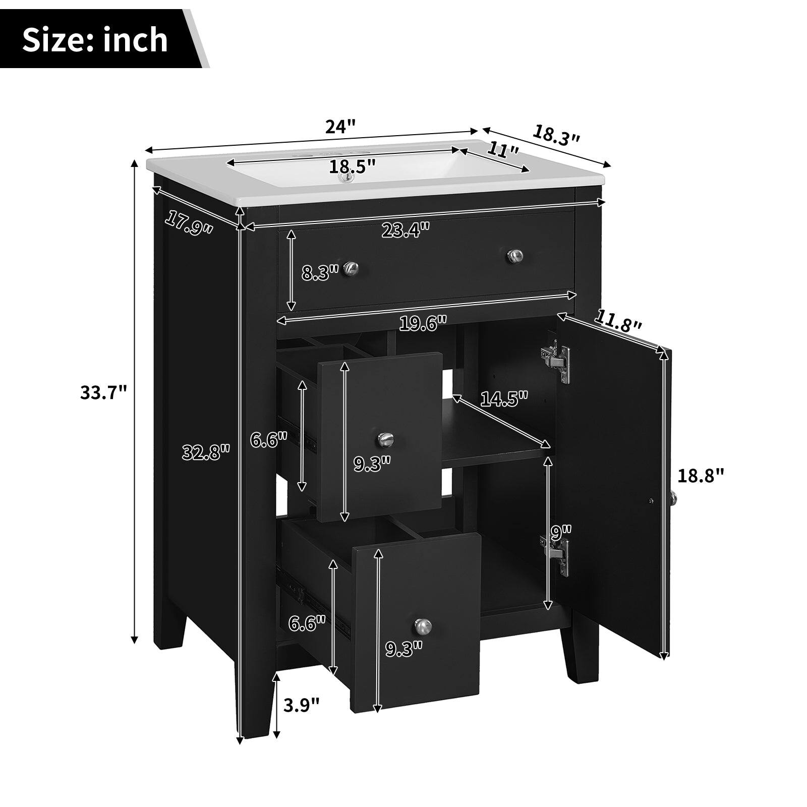 Size: inch  
24" 18.5" 11" 18.3" 17.9" 8.3" 23.4" 19.6" 11.8" 33.7" 14.5" 6.6" 32.8" 9.3" 18.8" 9" 6.6" 9.3" 3.9"