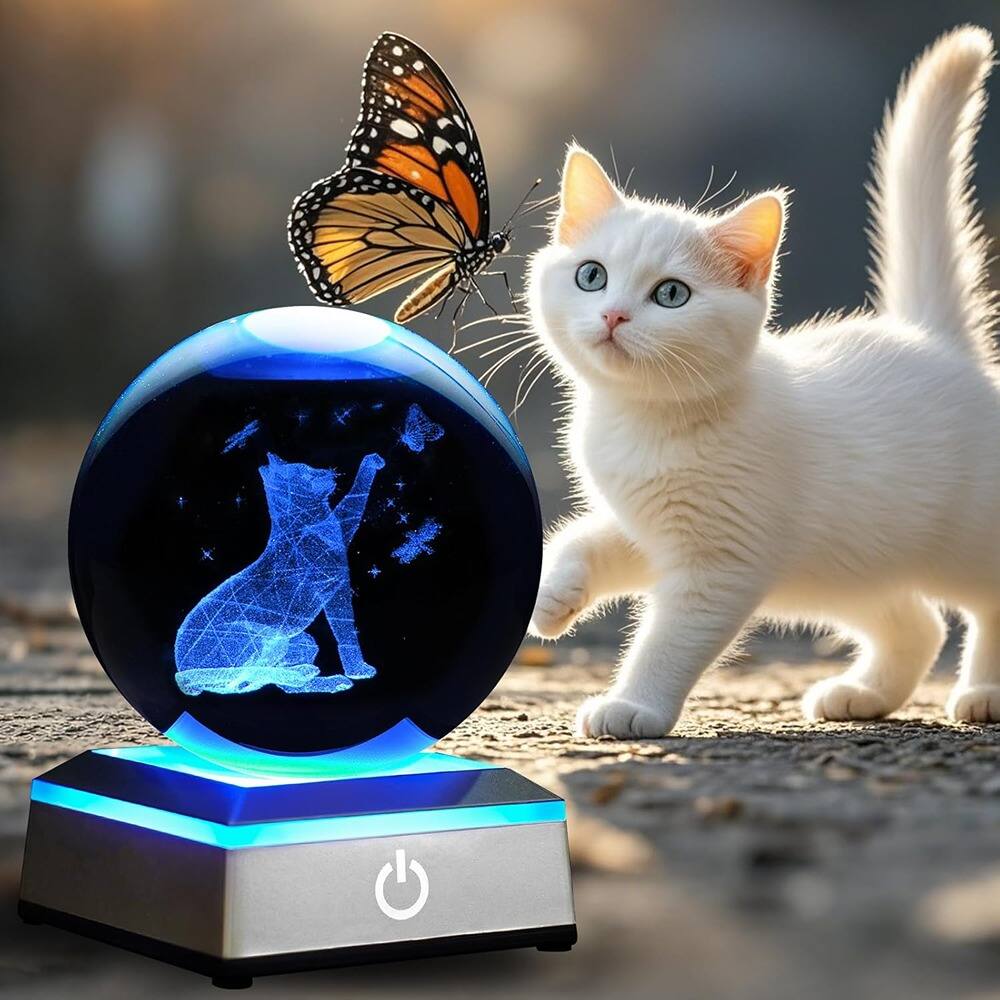 Alt View 1. Schertz - 3D Crystal Ball Night Light - LED Touch Base, Cat Figurine, Gift for Cat Lovers.