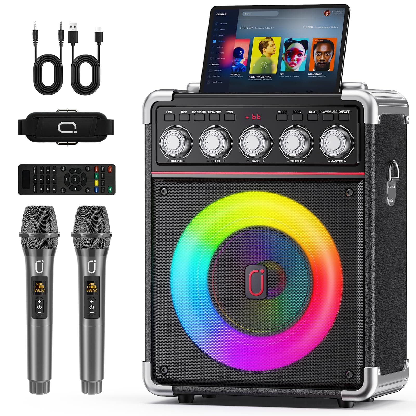 Cedar Assembly - Karaoke Machine With 2 Wireless Mics For Adults 5 3 Bass treble echo Adjustment Pa System Disco Lights Re - Default