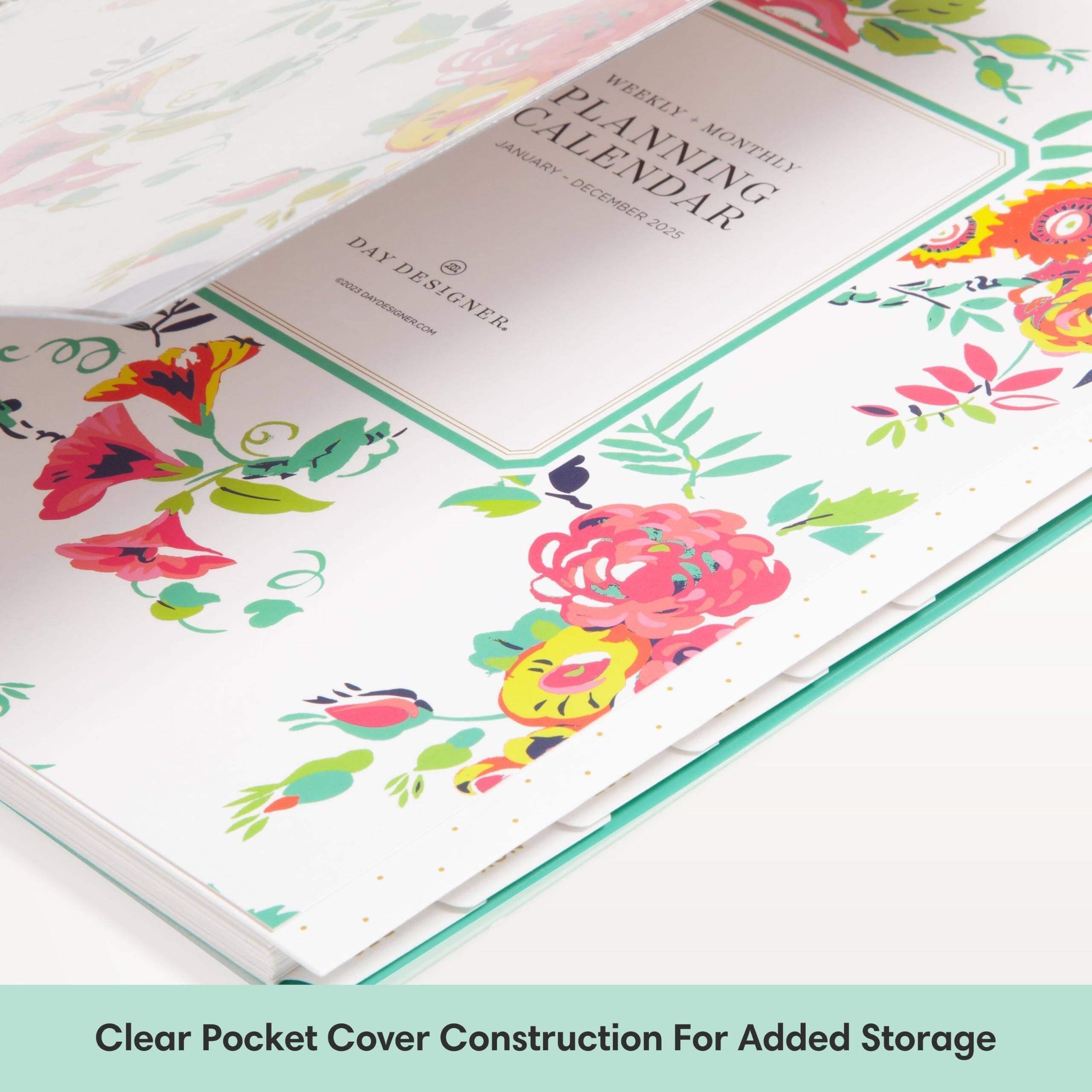 WEEKLY + MONTHLY PLANNING CALENDAR  
JANUARY - DECEMBER 2025  
DAY DESIGNER  
DAYDESIGNER.COM  

Clear Pocket Cover Construction For Added Storage
