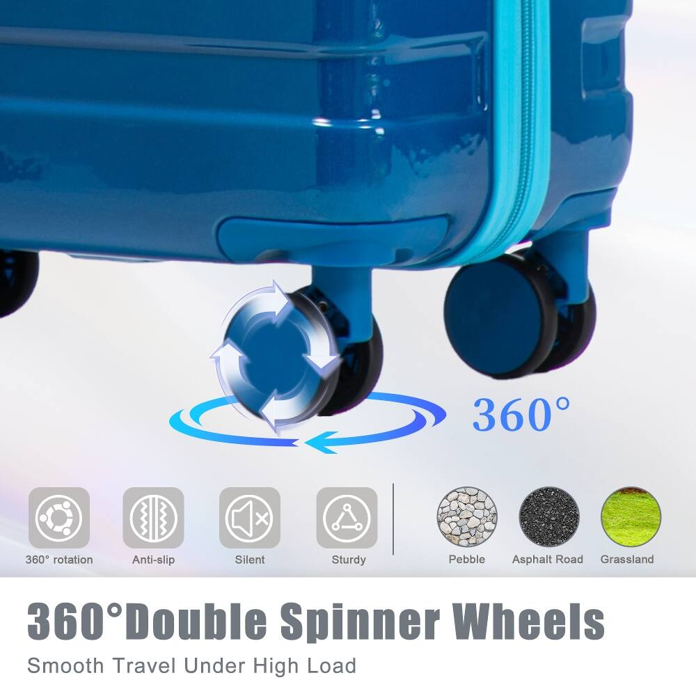 360° Double Spinner Wheels  
Smooth Travel Under High Load  

360° rotation  
Anti-slip  
Silent  
Sturdy  
Pebble  
Asphalt Road  
Grassland