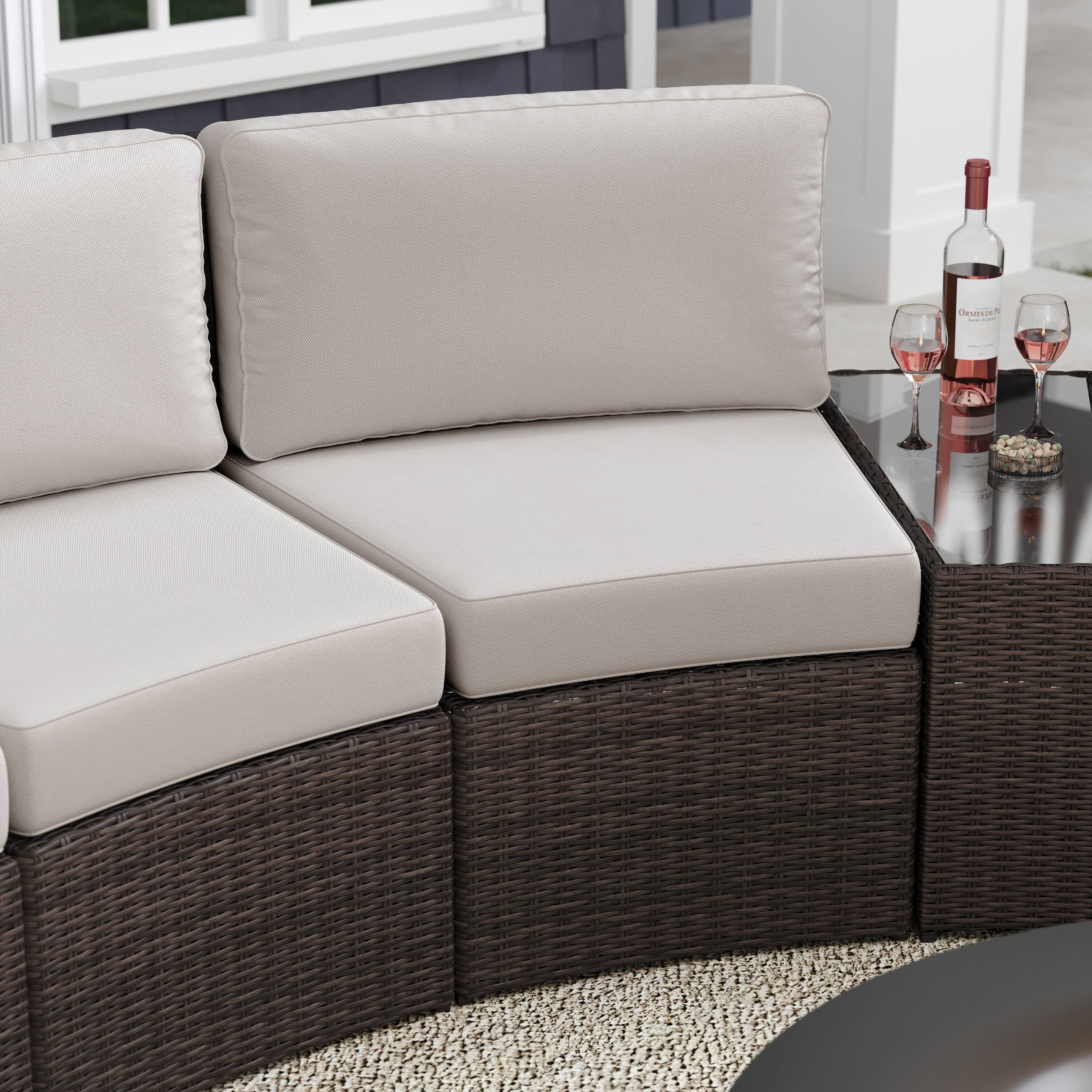 Alt View 1. Martha Stewart - Bedford Outdoor Modular Rattan Wicker Patio Curved Sectional Sofa Seat - Tan Cushions/Brown Frame.