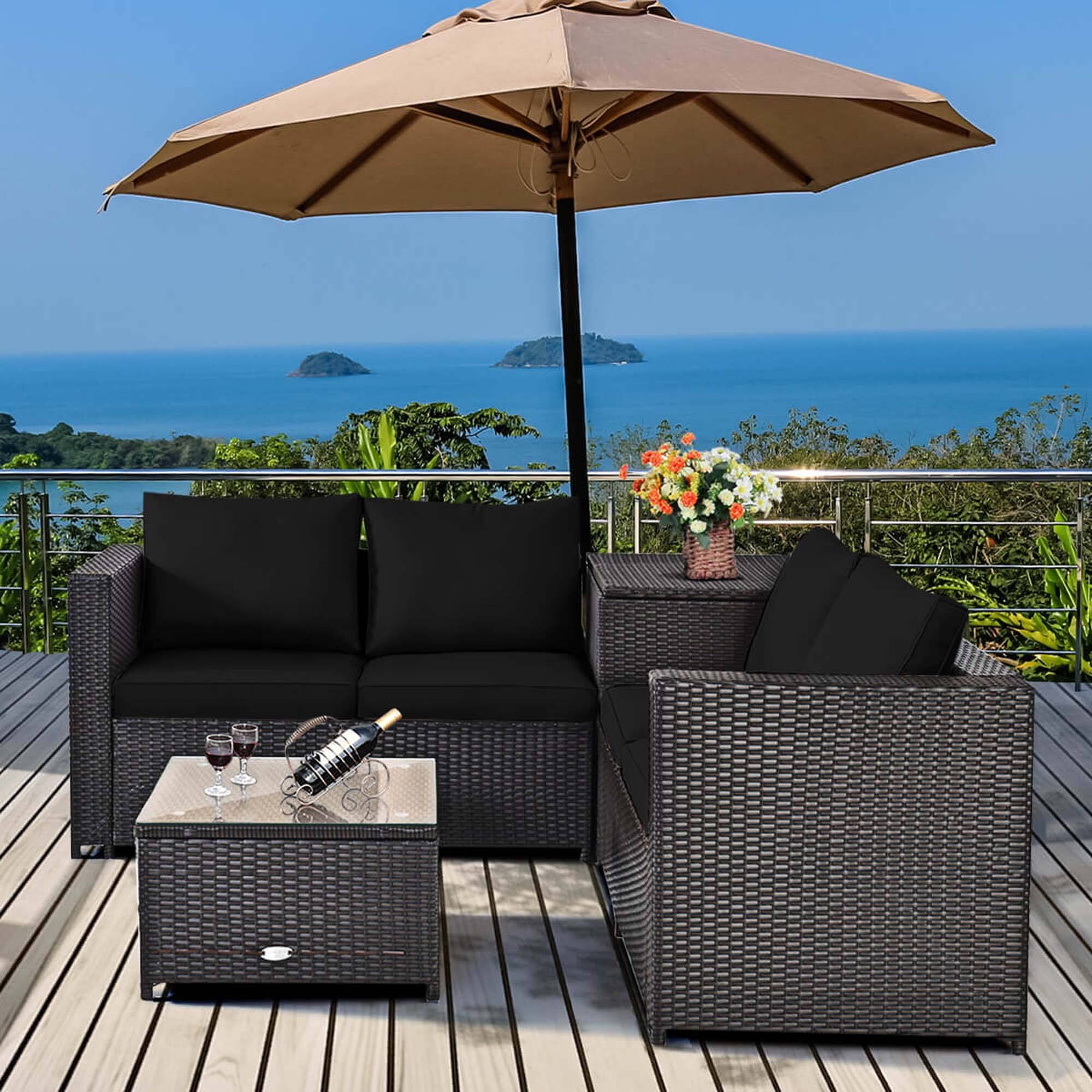 Alt View 4. Costway - 4 PCS Outdoor Patio Rattan Furniture Set Cushioned Loveseat Storage Table - Black.