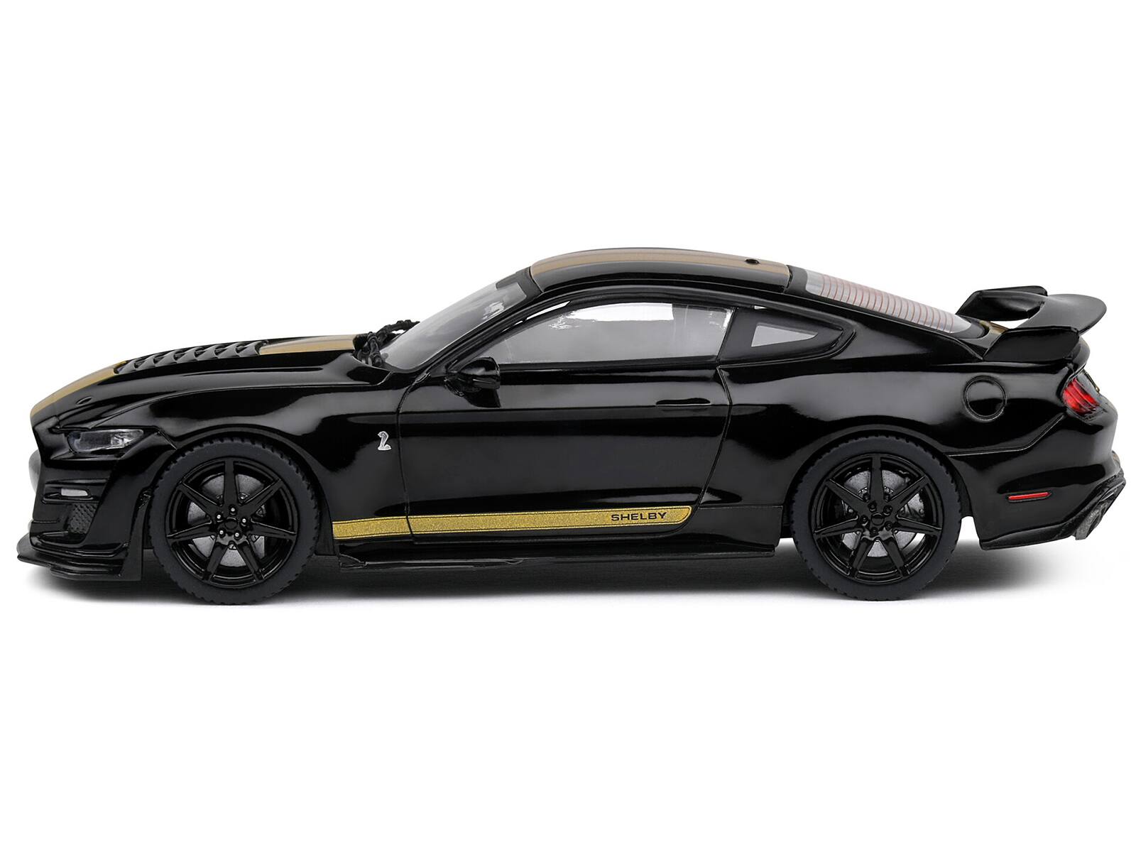 Angle. Solido - 2020 Shelby Mustang GT500 Black with Gold Stripes 1/43 Diecast Model Car by Solido - Black with Gold.