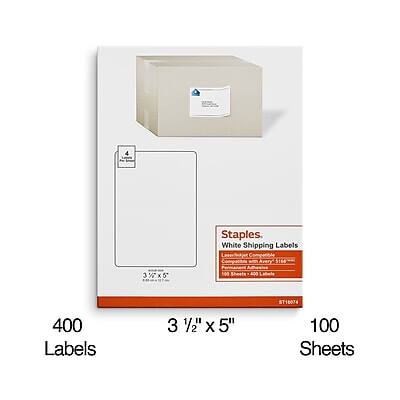 Staples  
White Shipping Labels  
Compatible with S160  
3 1/2" x 5"  
100 Sheets  
400 Labels  
ST18074