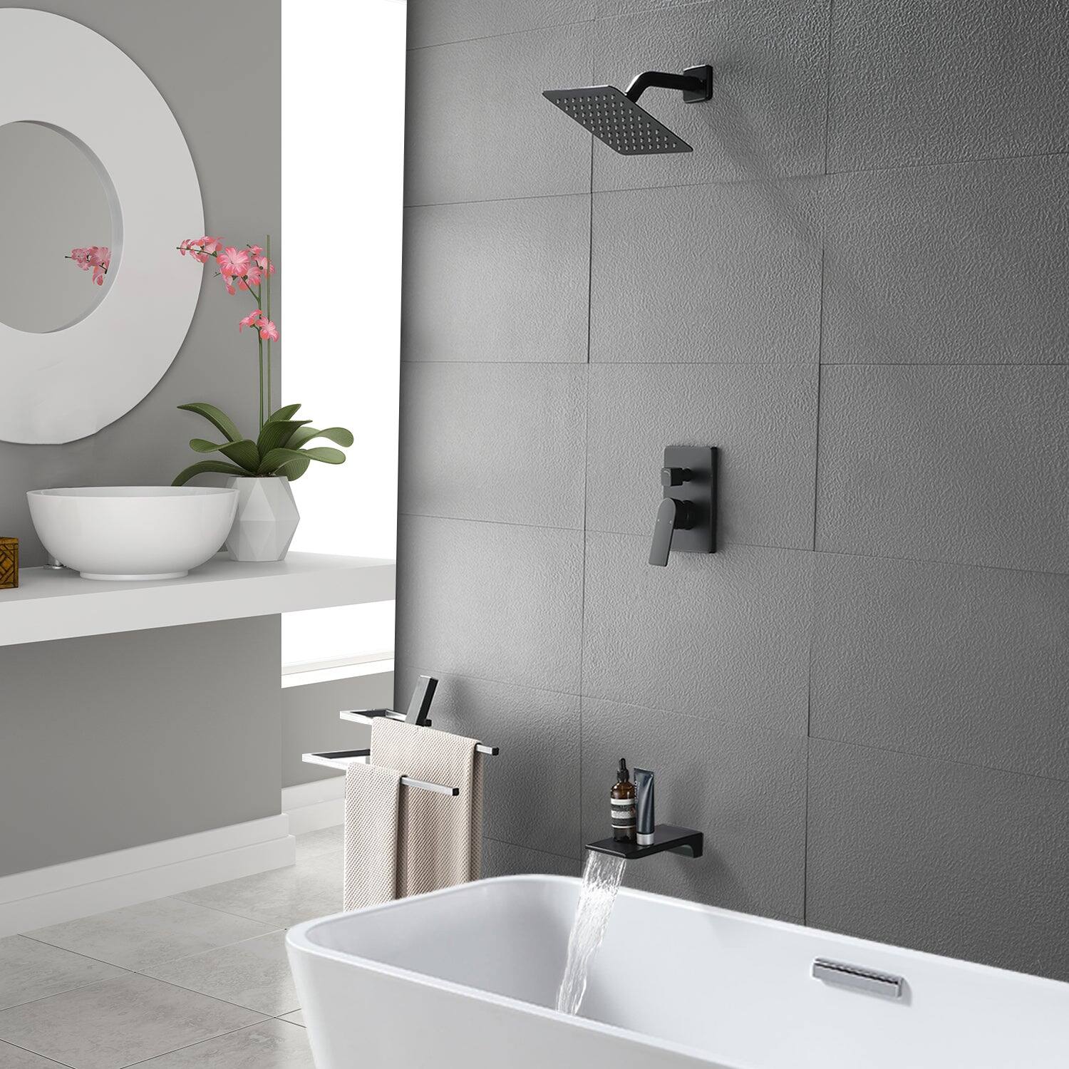 Alt View 5. Boyel Living - Black Shower Set 2-Function Brass Pressure Balance Valve cUPC 8 Inch SUS304 Top Spray Waterfall Spout Dual Water Outlet - Matte Black.