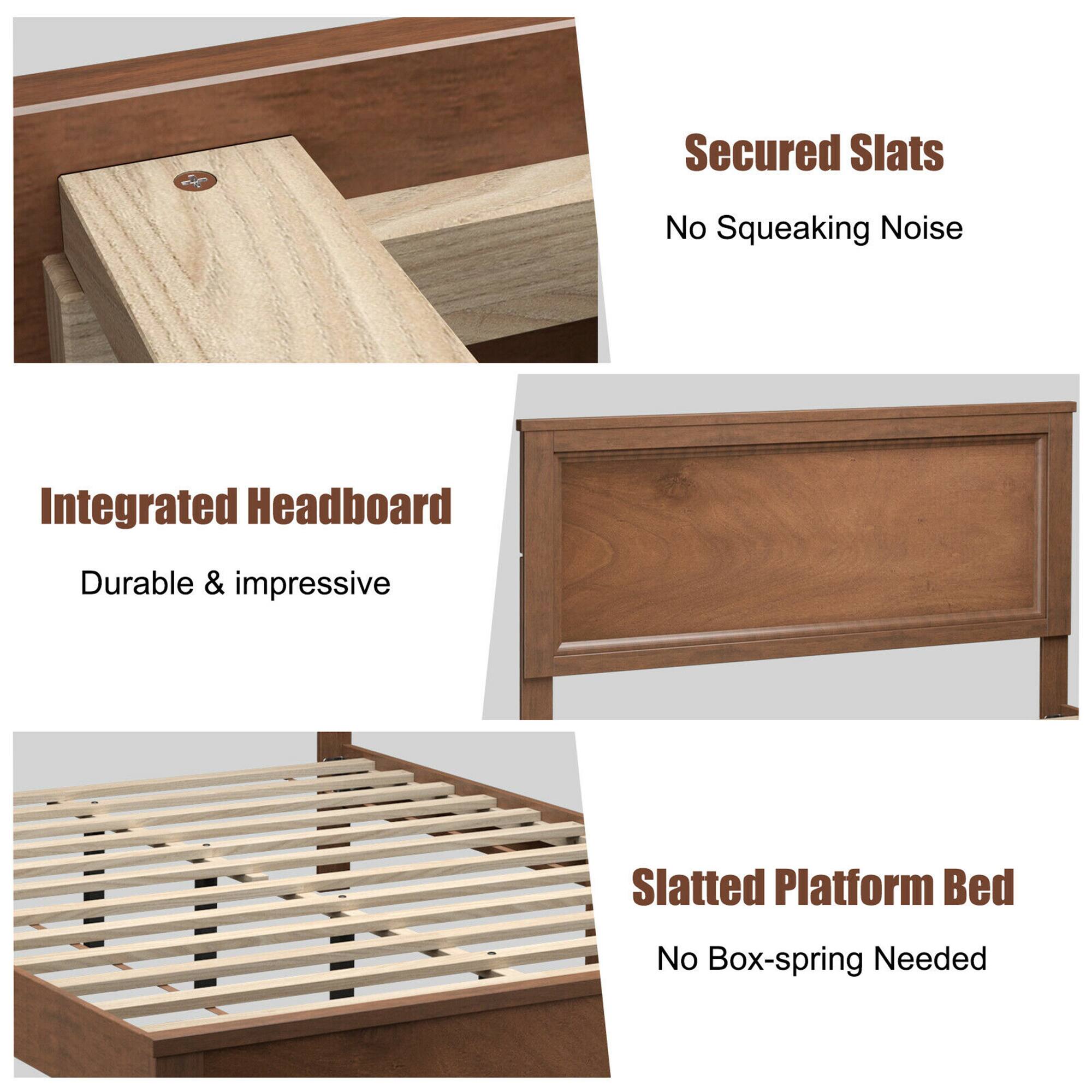 The image features a bed with a wooden headboard and slats, which is designed to be durable and impressive. The bed is also advertised as having no squeaking noise, ensuring a quiet and comfortable sleeping experience. Additionally, the bed is a platform bed that does not require a box-spring, making it a convenient and space-saving option for those who prefer a minimalist bedding setup.