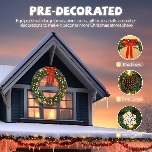 PRE-DECORATED  
Equipped with large bows, pine cones, gift boxes, balls and other decorations to make it become more Christmas atmosphere  

- Red bows  
- Pine Cones  
- Snowflakes