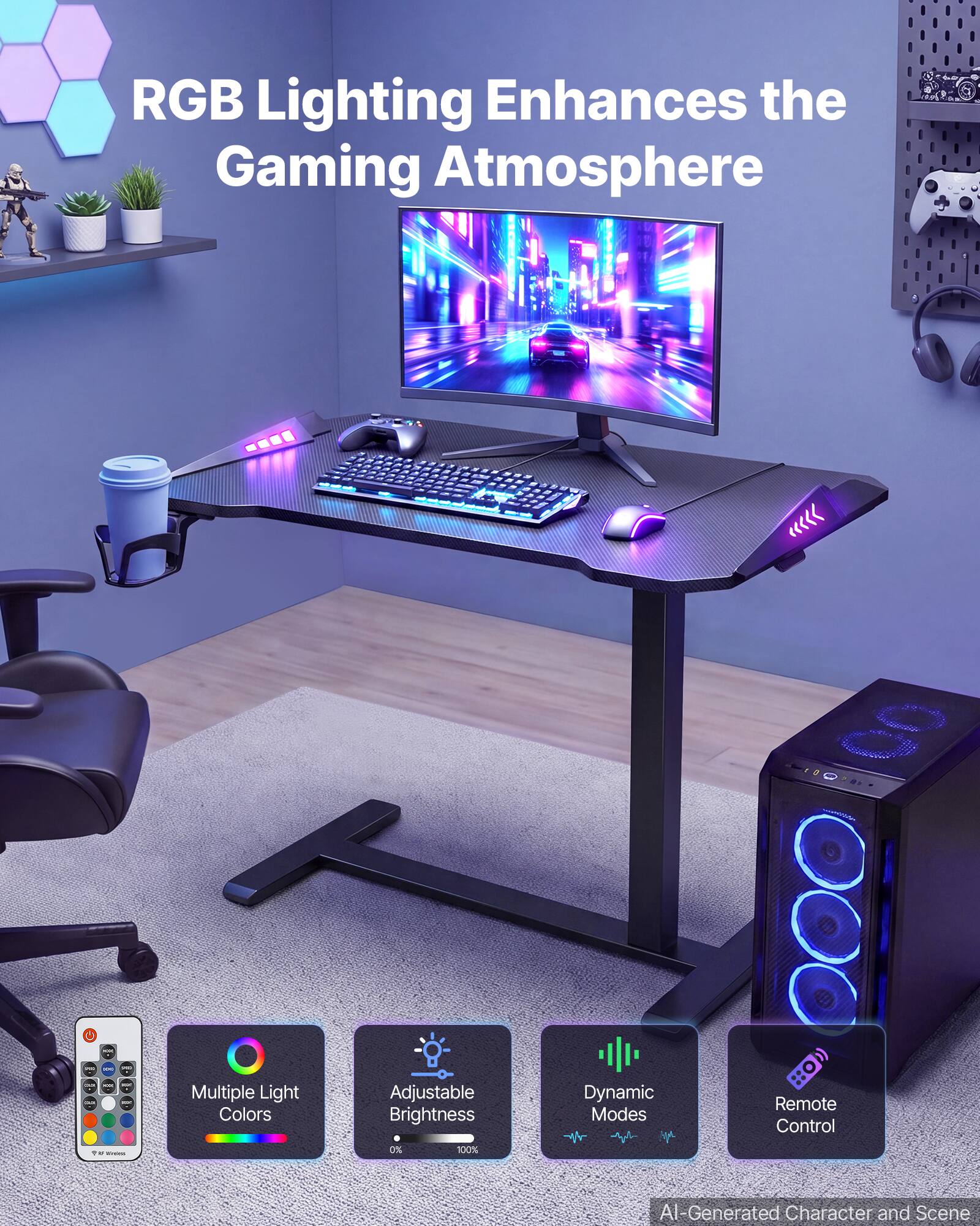 RGB Lighting Enhances the Gaming Atmosphere

Multiple Light Colors
Adjustable Brightness
Dynamic Modes
Remote Control

AI-Generated Character and Scene