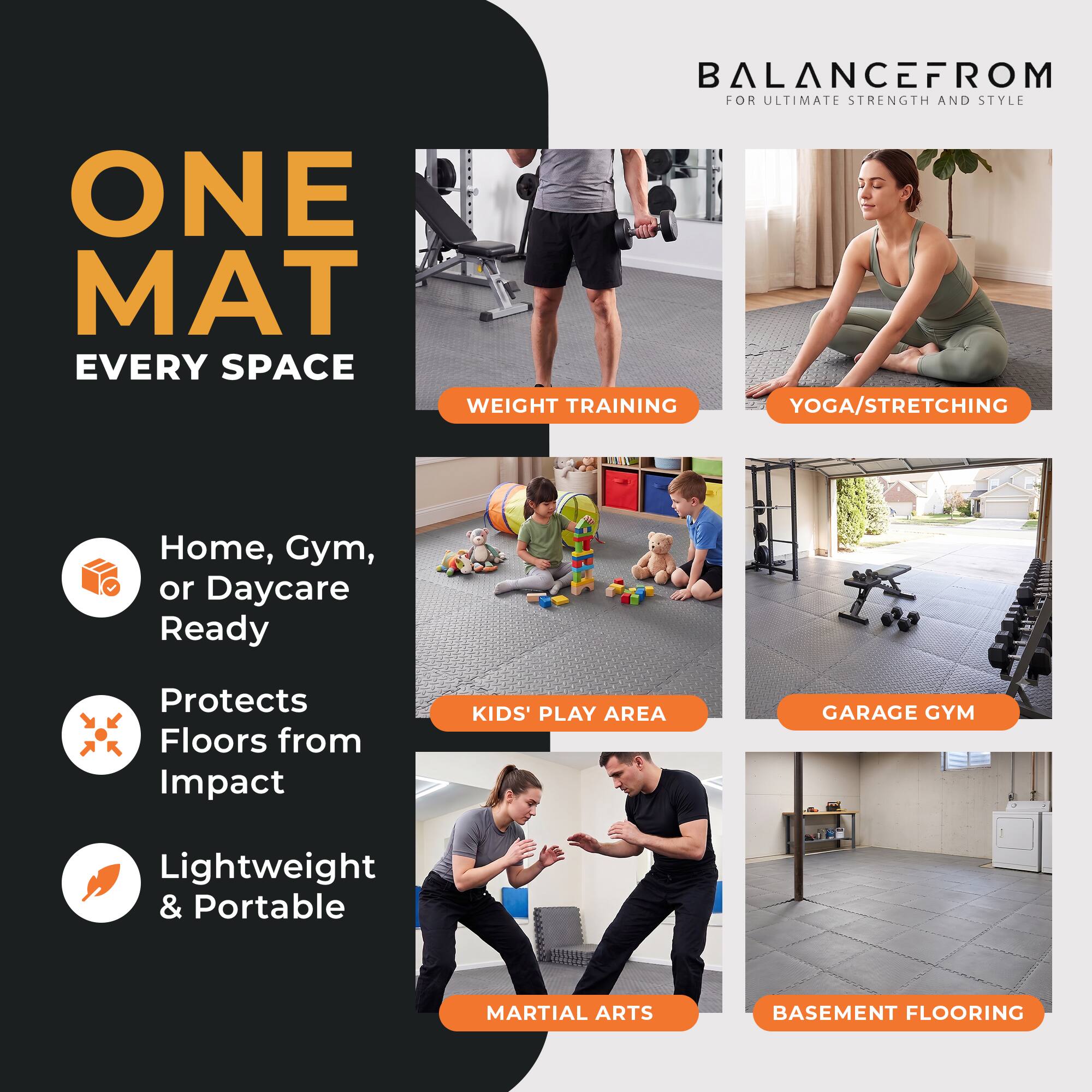BALANCEFROM FOR ULTIMATE STRENGTH AND STYLE

ONE MAT EVERY SPACE

- WEIGHT TRAINING
- YOGA/STRETCHING
- KIDS' PLAY AREA
- GARAGE GYM
- MARTIAL ARTS
- BASEMENT FLOORING

Home, Gym, or Daycare Ready
Protects Floors from Impact
Lightweight & Portable