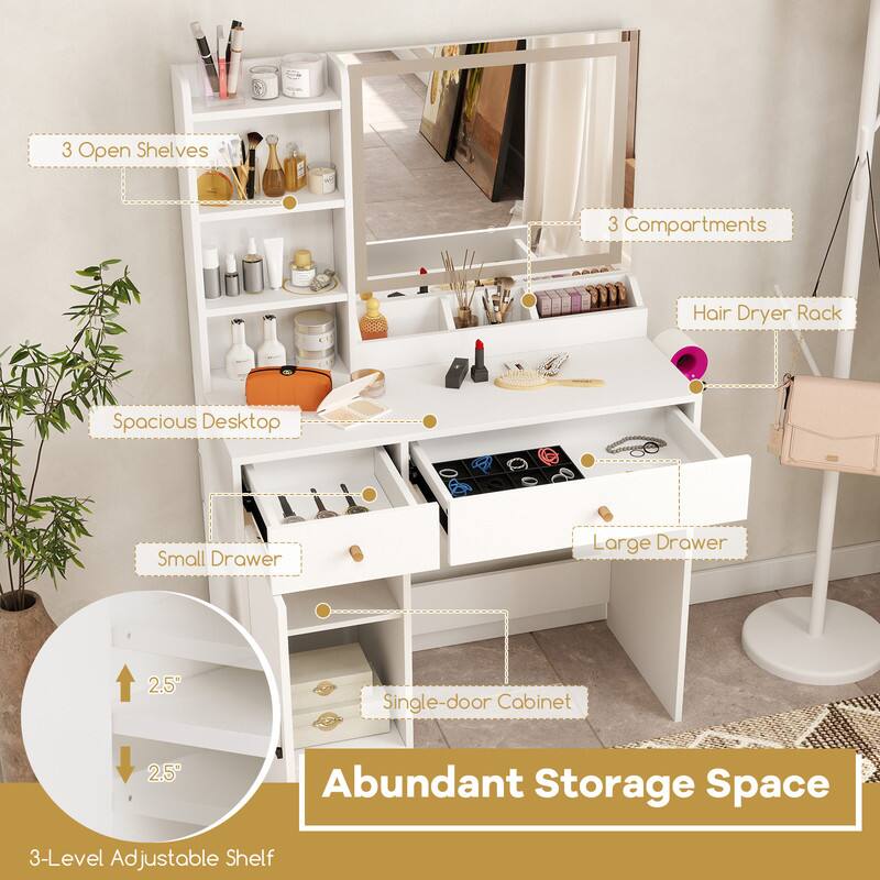 3 Open Shelves  
3 Compartments  
Hair Dryer Rack  
Spacious Desktop  
Small Drawer  
Large Drawer  
2.5"  
Single-door Cabinet  
2.5"  
Abundant Storage Space  
3-Level Adjustable Shelf