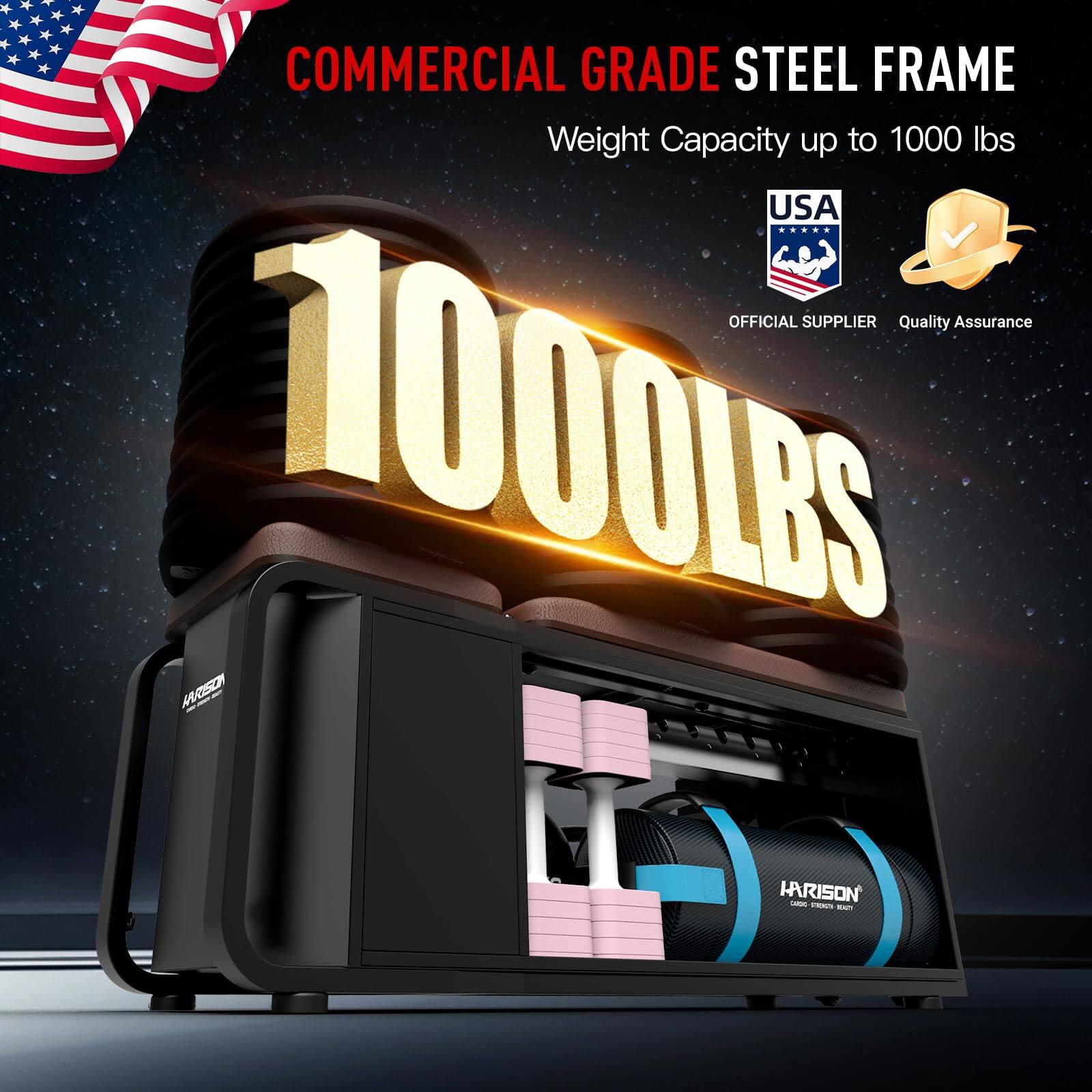COMMERCIAL GRADE STEEL FRAME  
Weight Capacity up to 1000 lbs  

USA OFFICIAL SUPPLIER  
Quality Assurance  

1000 LBS  

HARISON