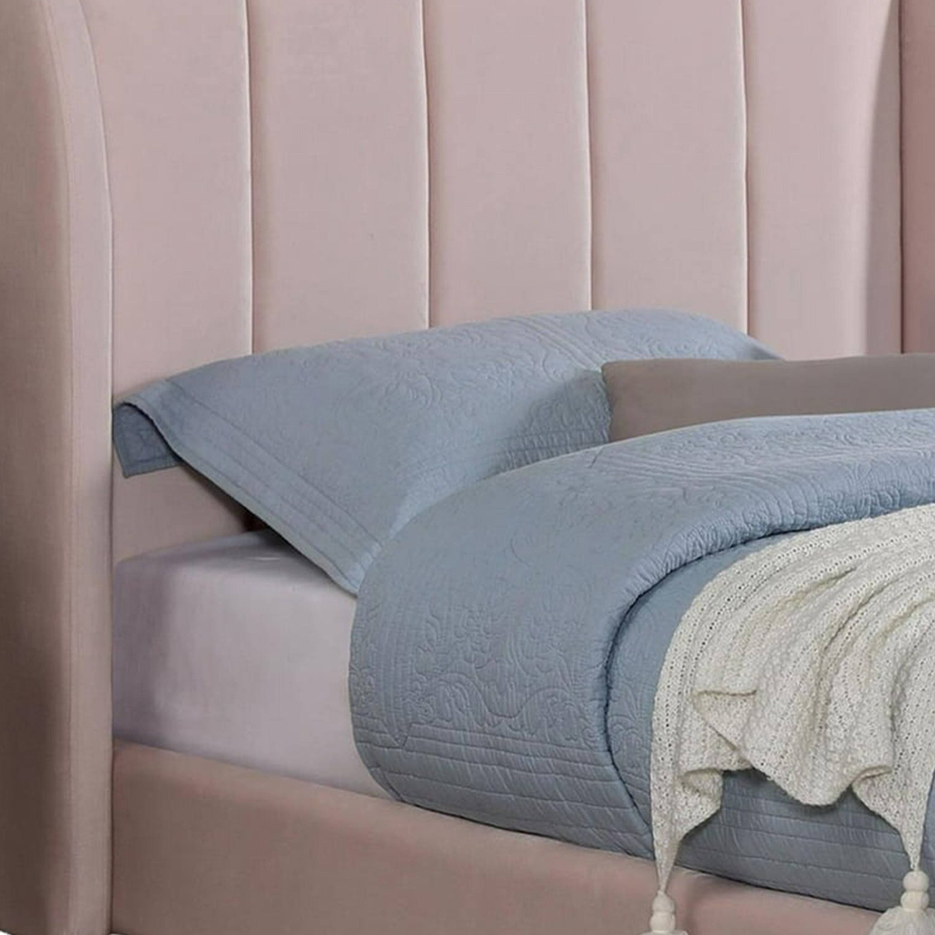 Alt View 1. Manhattan Lane - Pevy Twin Size Bed, Tufted Wingback in Light Pink Velvelike Upholstery - Pink, Gold.