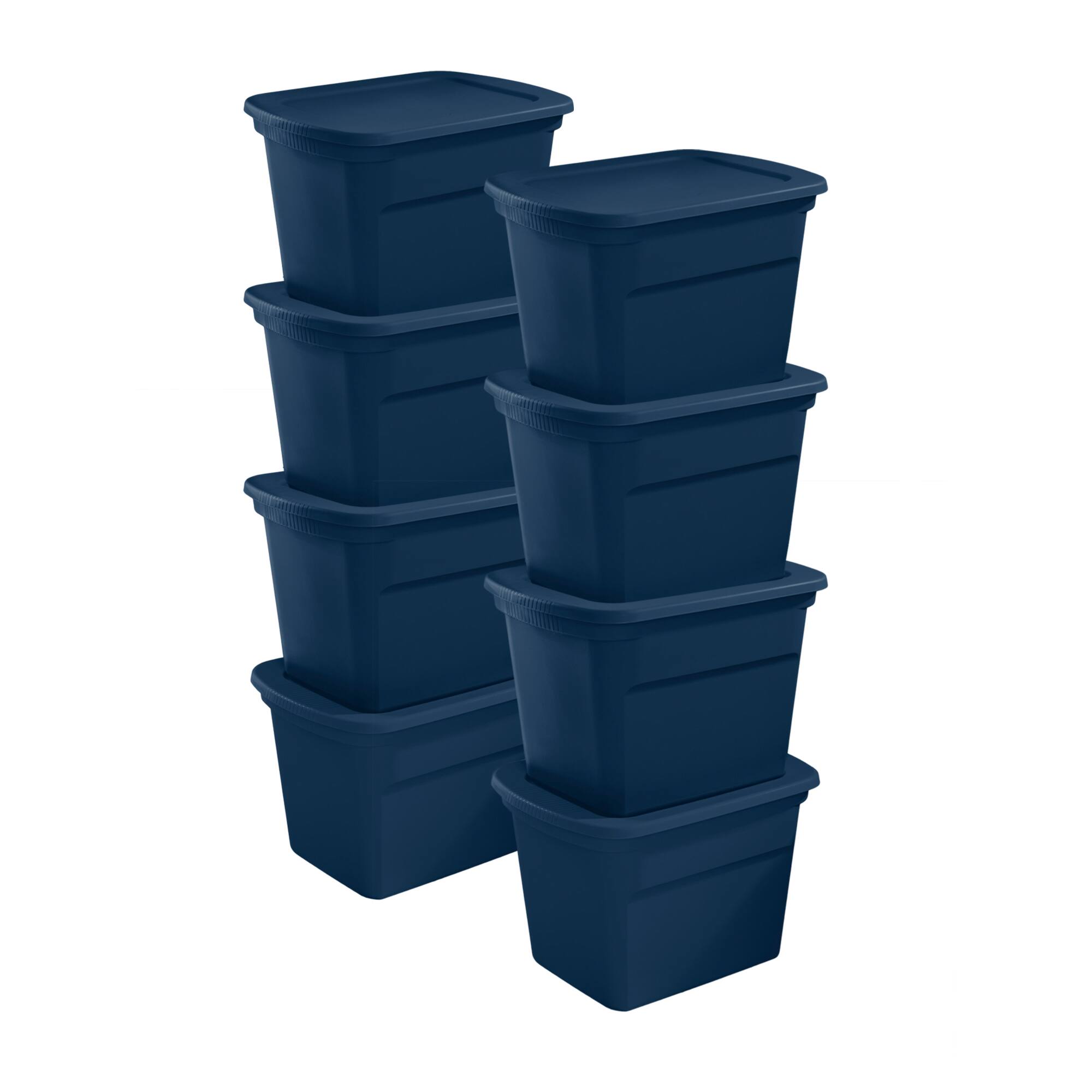 Front. Sterilite - Sterilite Classic Lidded Stackable 18 Gal Storage Tote Container, Blue, 8 Pack - Marine Blue.