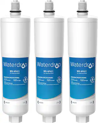 Waterdrop
Waterdrop
Waterdrop
WD-AP431
WD-AP431
WD-AP431
Fits Aqua Pure"AP431
Fits Aqua Pure"AP431
Fits Aqua Pure"AP431
OPERATING SPECIFICATIONS:
OPERATING SPECIFICATIONS:
OPERATING SPECIFICATIONS:
Temperature 60-100°F (15.6-38°C)
Temperature 60-100°F (15.6-38°C)
Temperature 60-100°F (15.6-38°C)
Flow Rate 10 gpm (37.9 lpm)
Flow Rate 10 gpm (37.9 lpm)
Flow Rate 10 gpm (37.9 lpm)
Pressure 30-125 psi (207-862 kpa)
Pressure 30-125 psi (207-862 kpa)
Pressure 30-125 psi (207-862 kpa)
Filter Life 6 months, which may vary based on water condition
Filter Life 6 months, which may vary based on water condition
Filter Life 6 months, which may vary based on water condition
UNLOCK
LOCK
UNLOCK
LOCK
UNLOCK
LOCK