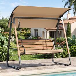Costway - 3-Person Porch Swing, Outdoor Swing with Adjustable Canopy Removable Padded Cushion - Beige + Black + Brown