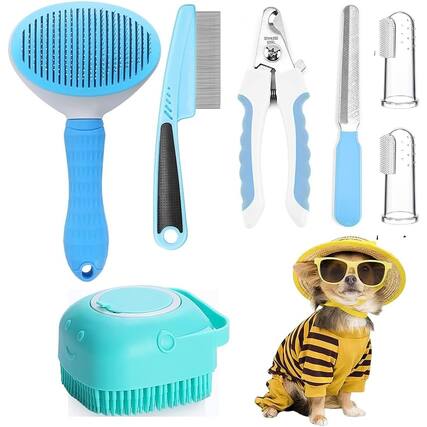 Front. THIRSTY TURTLE - 7-Piece Pet Grooming Kit with Self-Cleaning Shedding Brush, Nail Clipper, Flea Comb, Bath Brush, Toothbrush, Storage Bag.