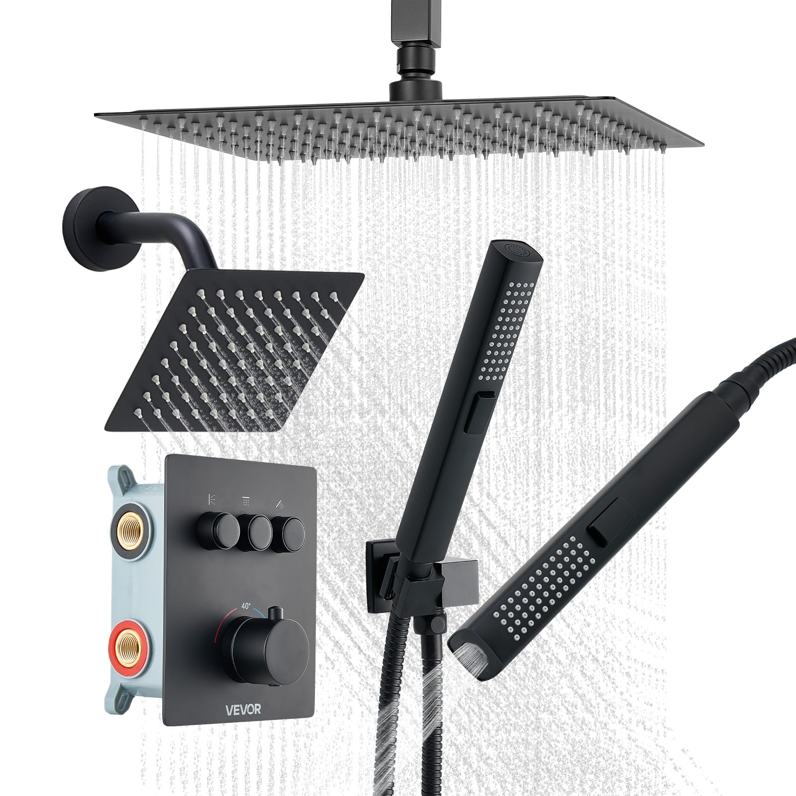 VEVOR - Shower Faucet Set, 12 In Thermostatic Ceiling Mount Rainfall Shower System with 6 Inch Wall Mount Head and 2 in 1 Spray - Matte Black