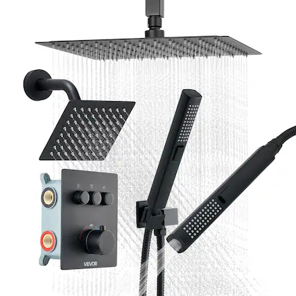 Front. VEVOR - Shower Faucet Set, 12 In Thermostatic Ceiling Mount Rainfall Shower System with 6 Inch Wall Mount Head and 2 in 1 Spray - Matte Black.