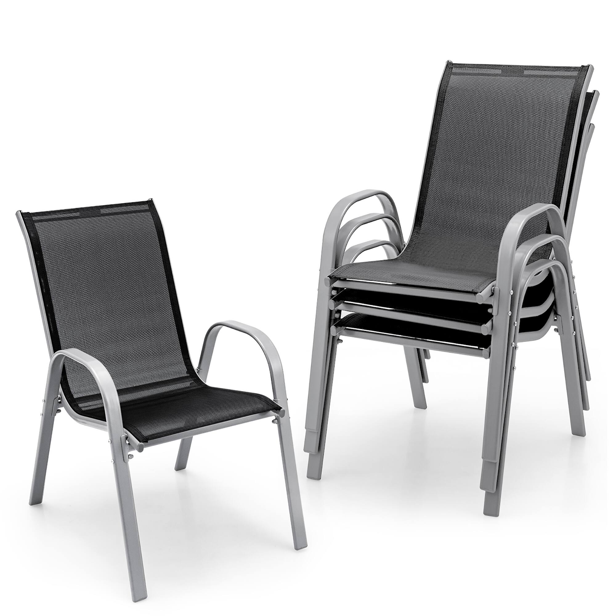 Costway - Set of 4 Patio Dining Chairs Stackable Armrest Space Saving Garden Black - Black/Grey