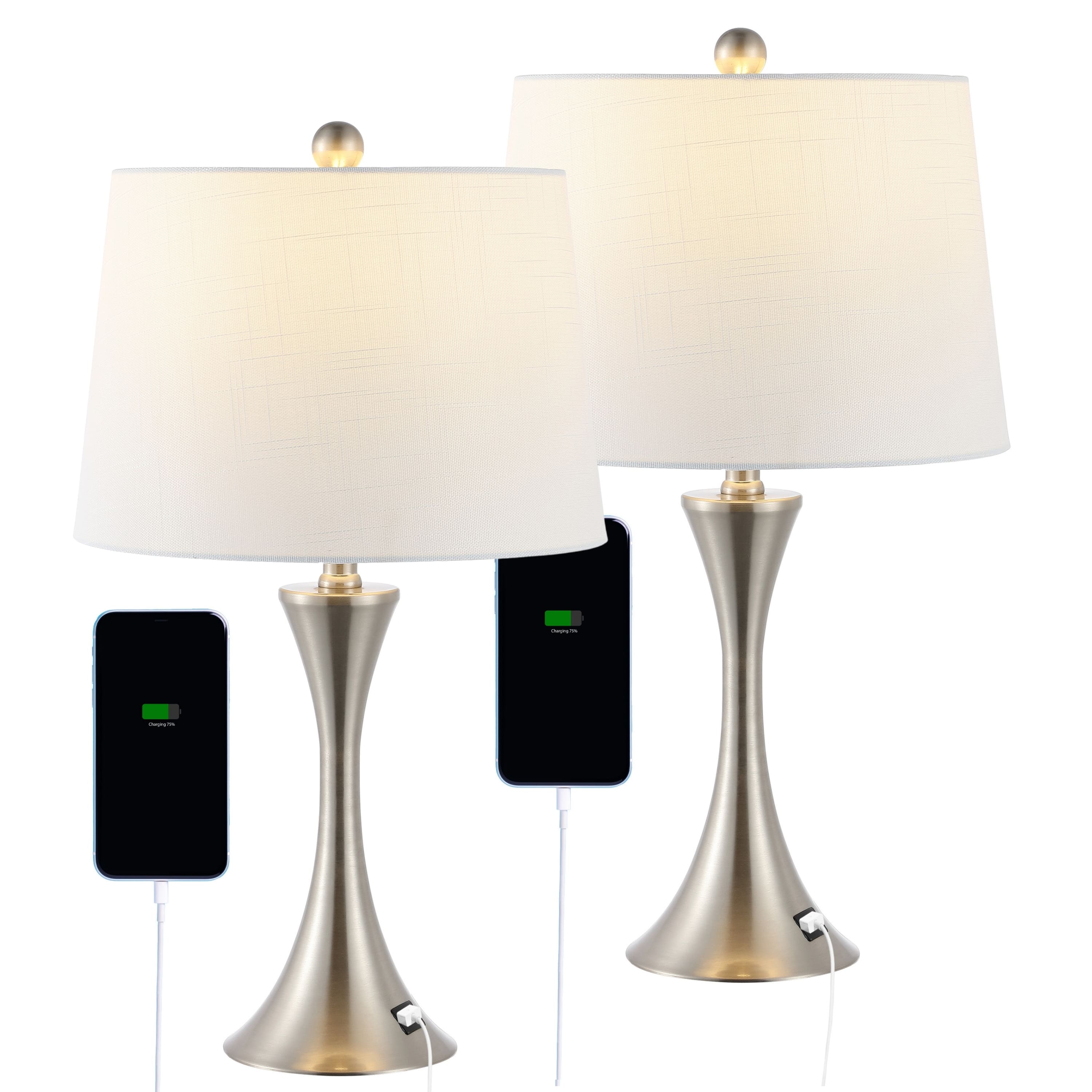 Photos - Desk Lamp Accent Jonathan Y - Bennett 22.75" Modern Glam Iron Hourglass LED Table Lamp with USB Charging Port,  - Nickel JYL6621B-S (Set of 2)