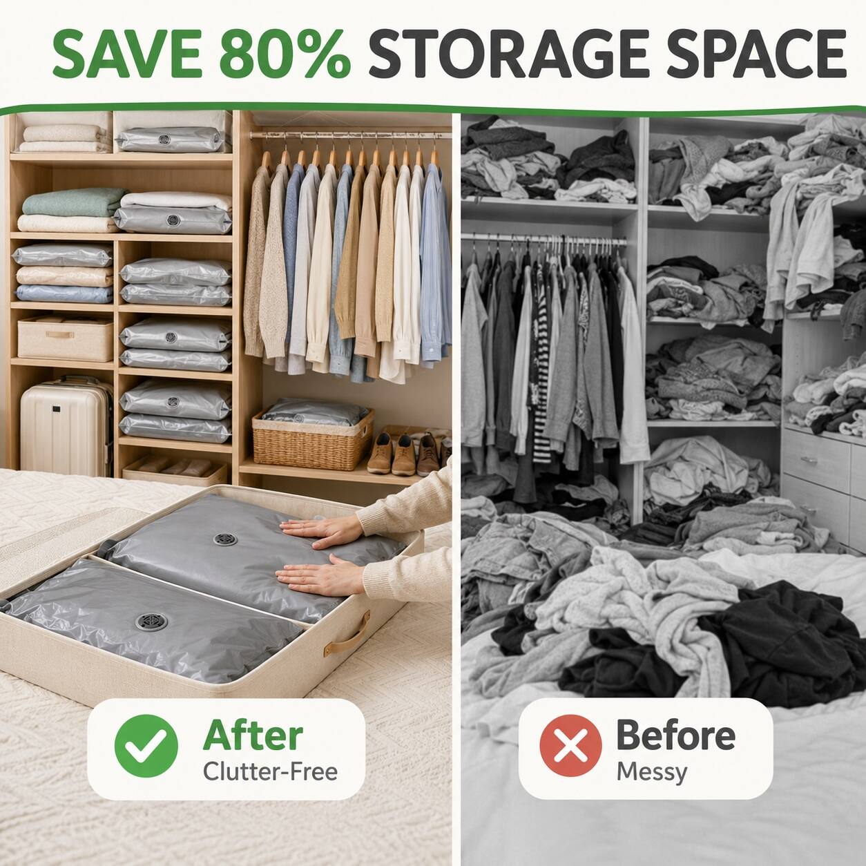 SAVE 80% STORAGE SPACE

After Clutter-Free

Before Messy