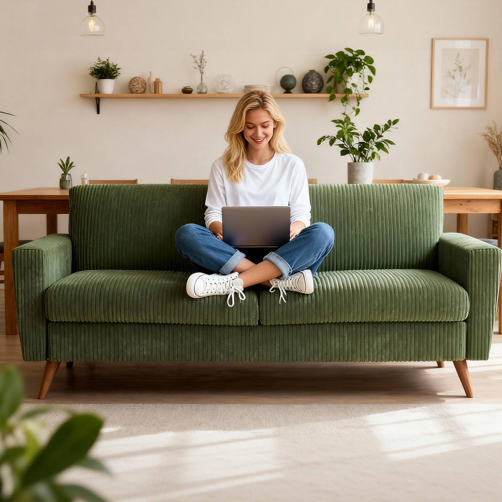 Alt View 1. Dyonery - Dyonery 68" Loveseat Sofa  Linen Couch, Mid Century Modern Love Seat Couches for Living Room， Bedroom Office - Green.