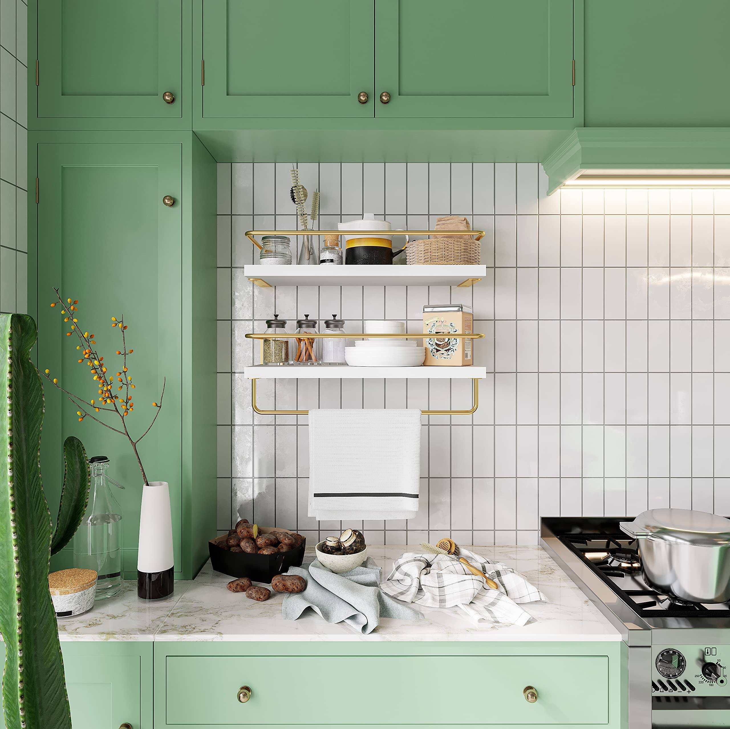 Alt View 1. Dazzed Corner - Floating Shelves with Golden Towel Rack, Set of 2 Wall Mounted Hanging Bathroom Shelves - White Gold.