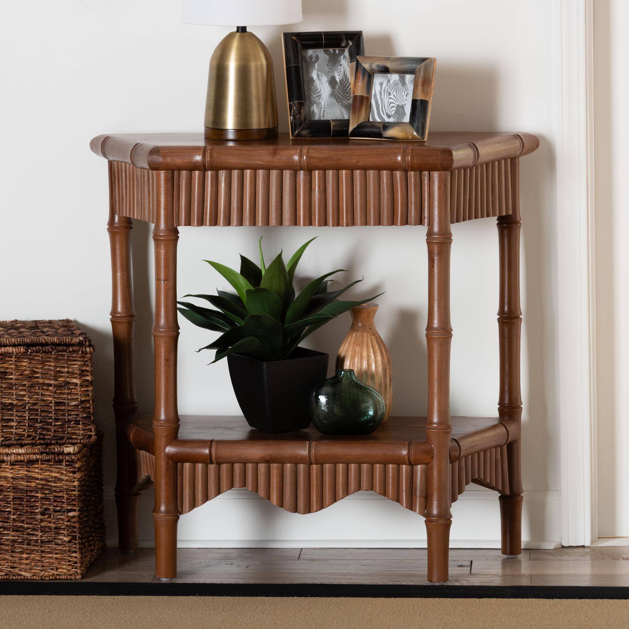 Alt View 4. bali & pari - Alessa Mahogany Wood Console Table - Fluted Wood Accent Table with Bamboo Motif and Two-Tier Display, 32 in. - Mahogany Brown.