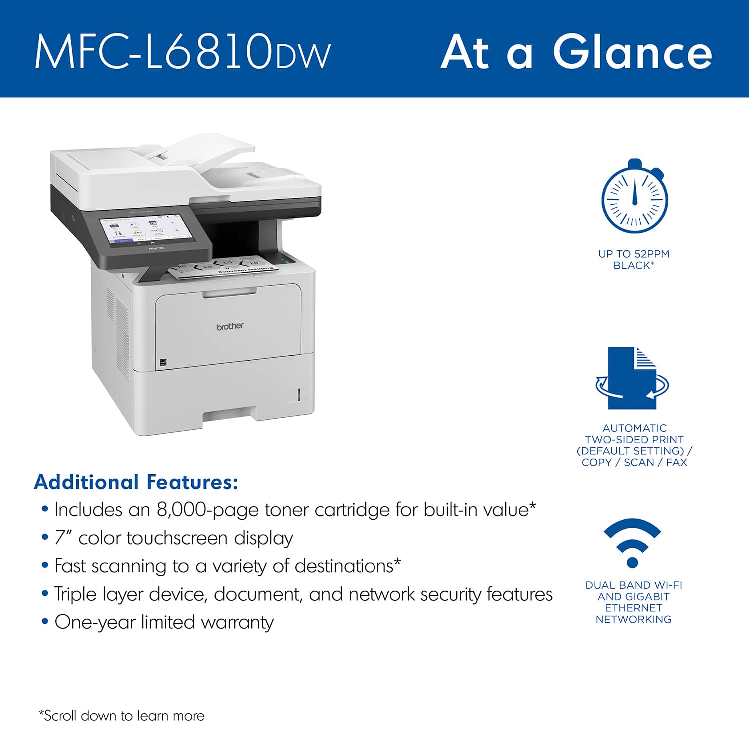MFC-L6810DW At a Glance:
* Up to 52ppm black and color printing
* Automatic two-sided printing (default setting)
* Copy, scan, fax, and network security features
* 7" color touchscreen display
* Dual band Wi-Fi and Gigabit Ethernet
* Triple layer device, document, and network security features
* One-year limited warranty
* Additional features: Includes an 8,000-page toner cartridge for built-in value
* Scroll down to learn more