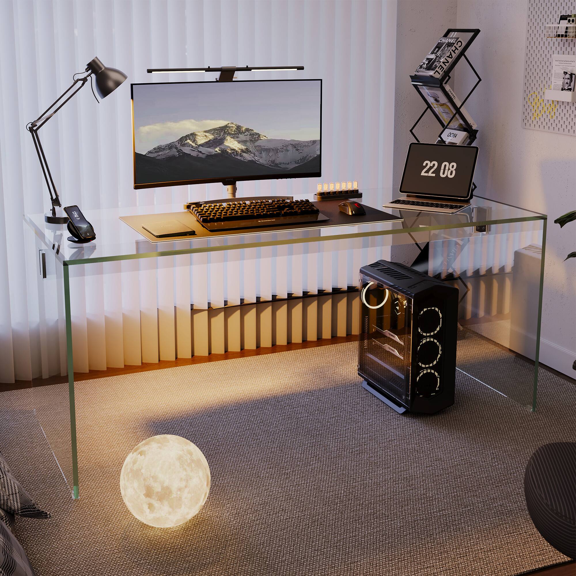 Front. luck idea - Modern 53.14" Rectangular Writing Desk with Transparent Tempered Glass Top - Clear Glass.