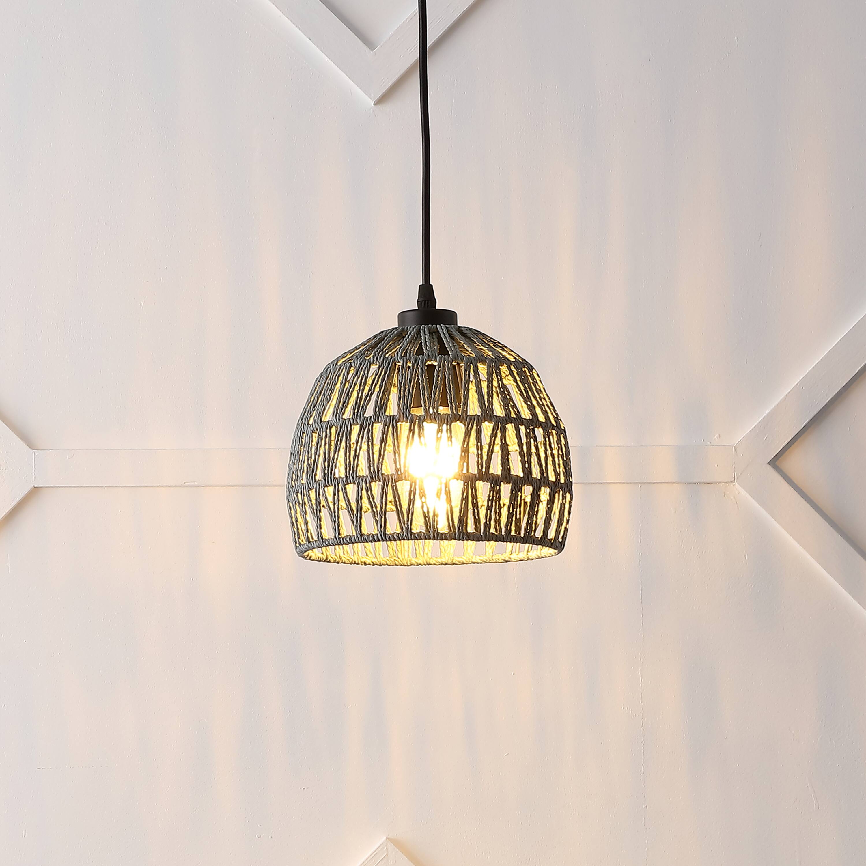Alt View 1. Jonathan Y - Campana 8.25" 1-Light Bohemian Modern Woven Rope/Iron LED Pendant, Gray - Gray.