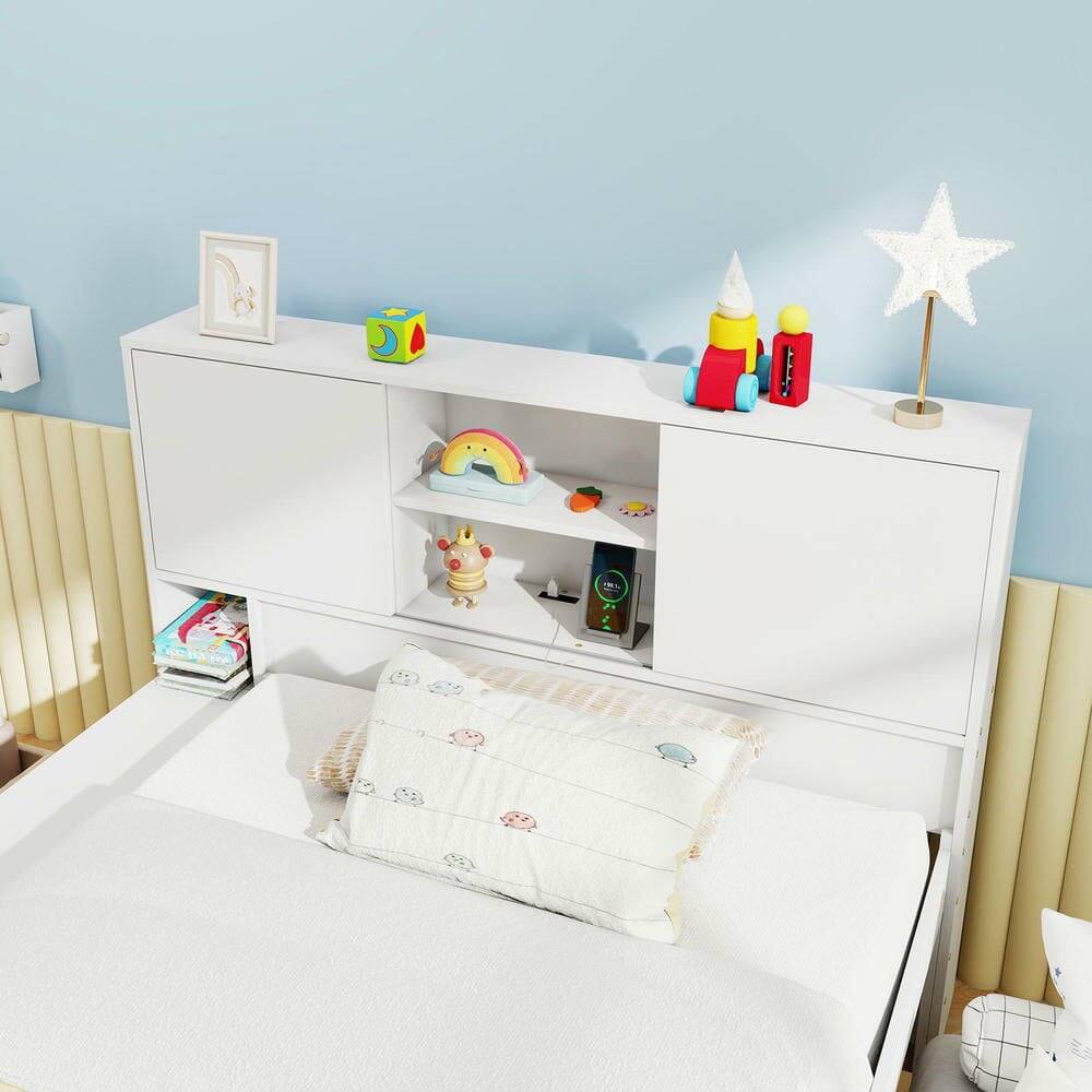 Back. Kadyn - Twin Bed Frame with Built-In Trundle and Convenient Power Outlets, Space-Saving Design with USB Charging Ports - White.