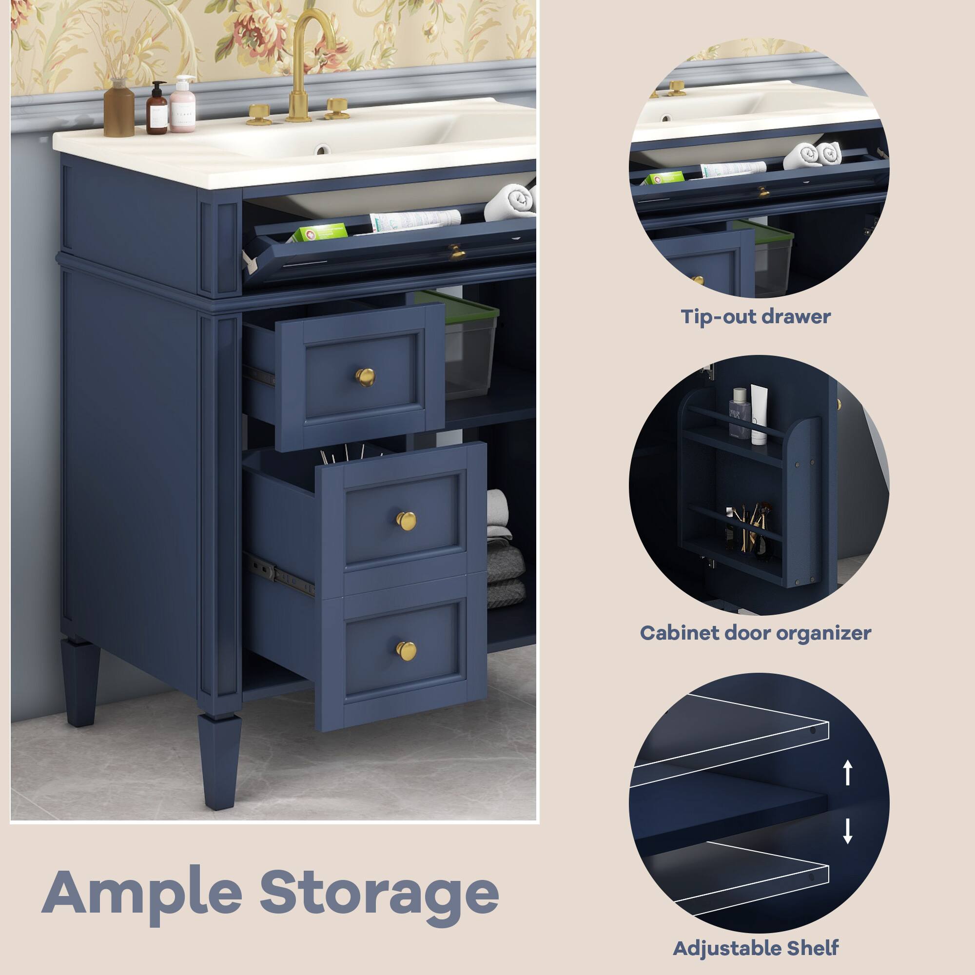 Ample Storage

- Tip-out drawer
- Cabinet door organizer
- Adjustable Shelf
