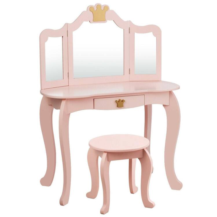 Front. SlickBlue - Kids Vanity Table with Stool and Tri-Fold Mirror for Pretend Makeup Play - Pink.