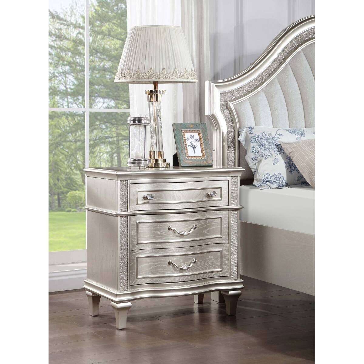 Front. Loheer - Loheer Silver Oak 3 Drawer Nightstand with Geometric Hardware and Tapered Legs - Silver Oak.