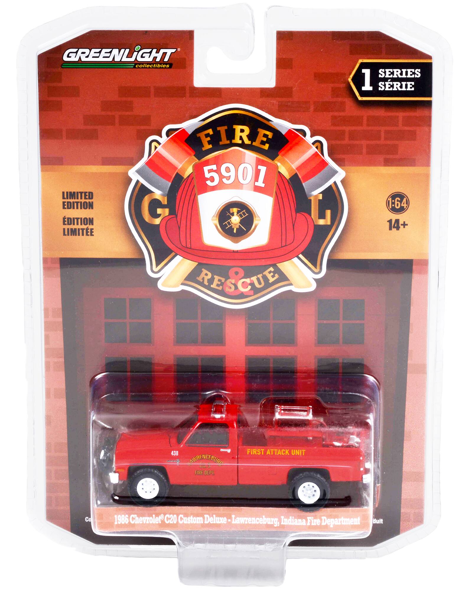GREENLIGHT collectibles SERIES 1 SRIE LIMITED EDITION DITION LIMITE FIRE 5901 G L 1:64 14+ RESCUE 438 - SNRENCERUDE PLIRO SE 3 R DE FIRST ATTACK UNIT C 1986 Chevrolet C20 Custom Deluxe - Lawrenceburg, Indiana Fire Department