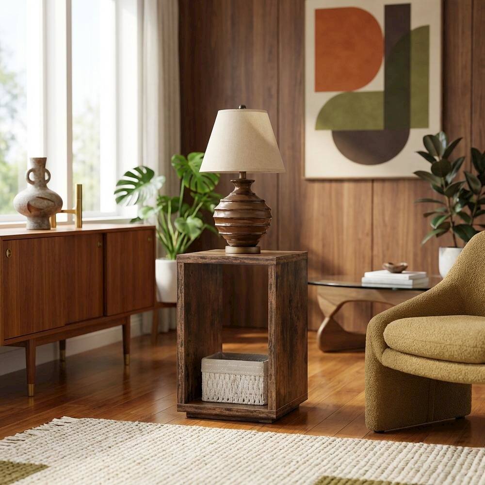 Alt View 1. FurniFact - Barnwood Finish End Table with Shelving for Living Room or Bedroom - Brown.